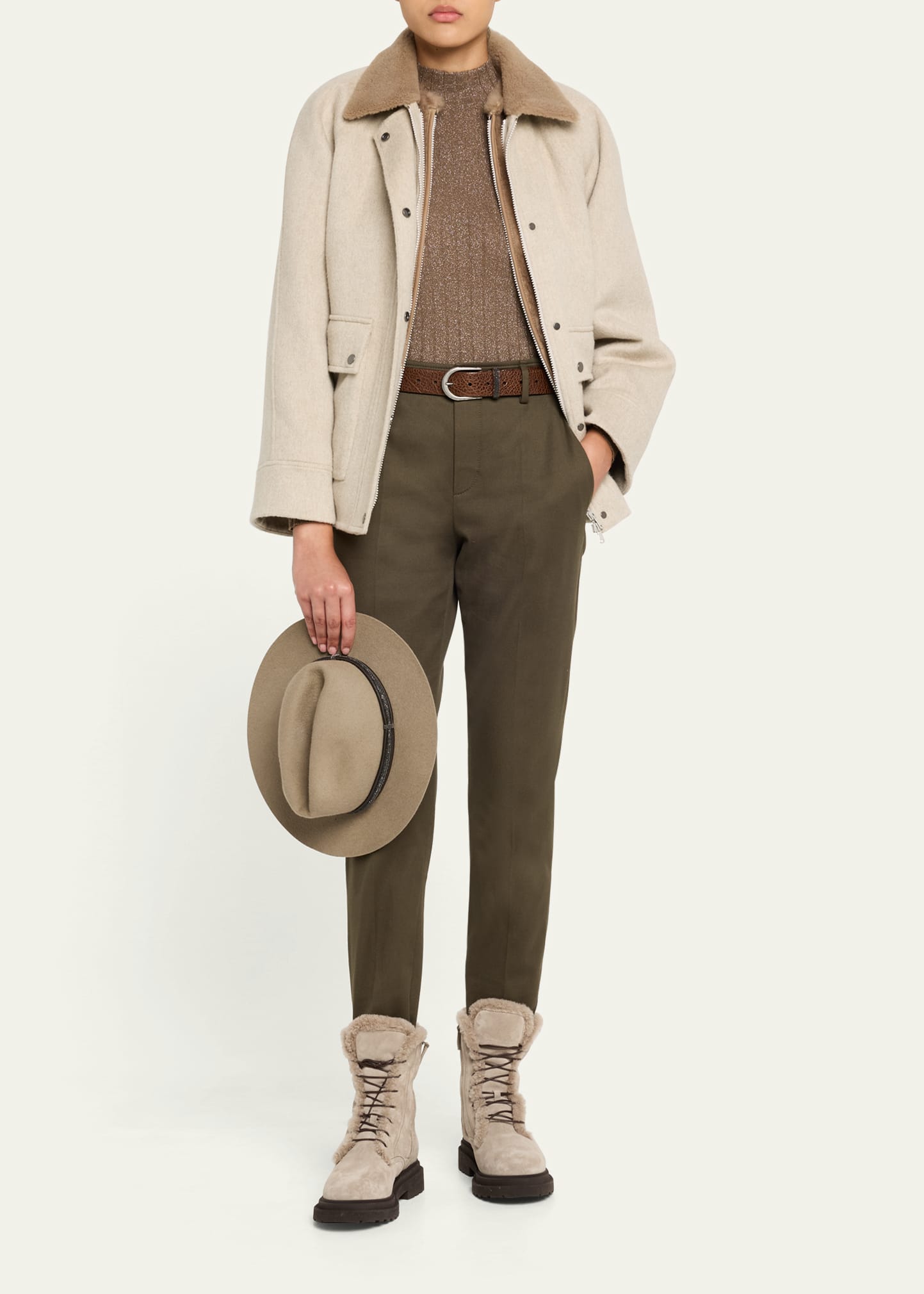 ボトムスその他 BRUNELLO CUCINELLI Stretch nappa leather cigarette trousers Cigarette trousers for Woman in Beige | Brunello Cucinelli