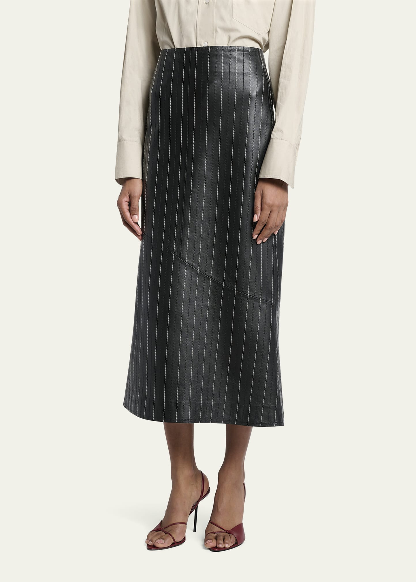 Victoria Beckham Pinstripe Kick Midi Leather Skirt