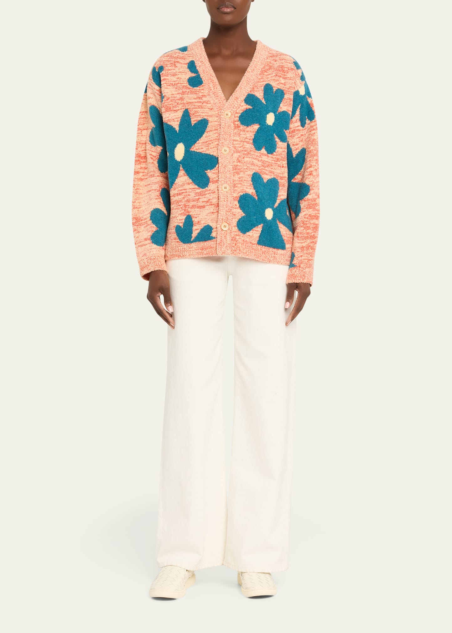 The Elder Statesman Floral Sun and Moon Cashmere V-Neck Cardigan