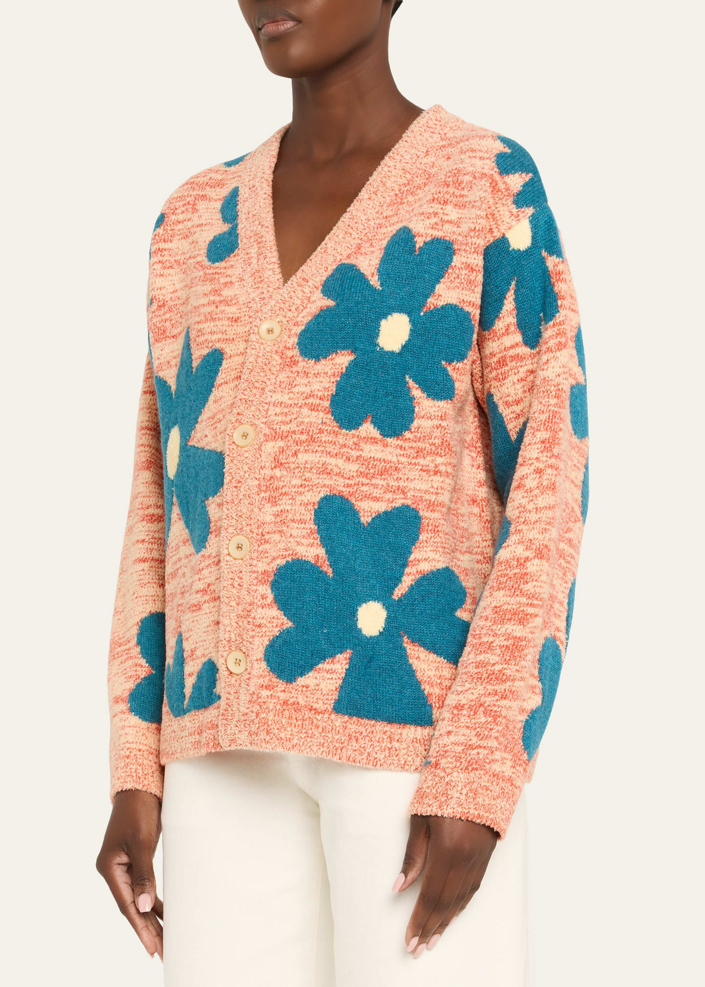 The Elder Statesman Floral Sun and Moon Cashmere V-Neck Cardigan