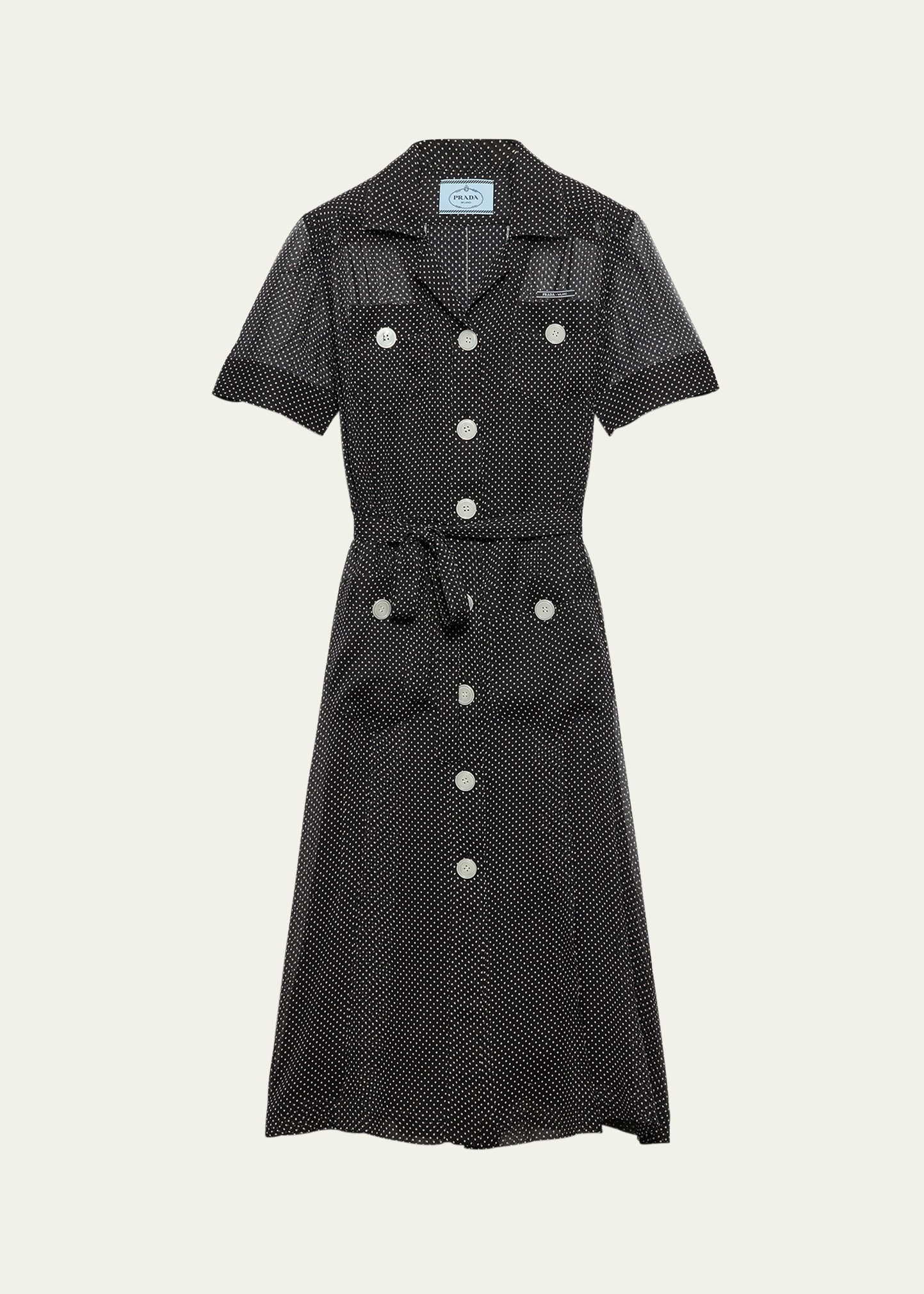 Prada Polka-Dot Chiffon Short-Sleeve Midi Shirtdress