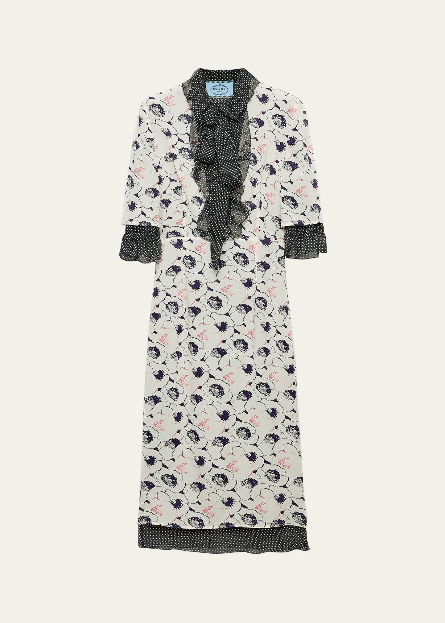 【プラダ・PRADA】Printed pongee dress Printed pongee midi dress in multicoloured - Prada | Mytheresa