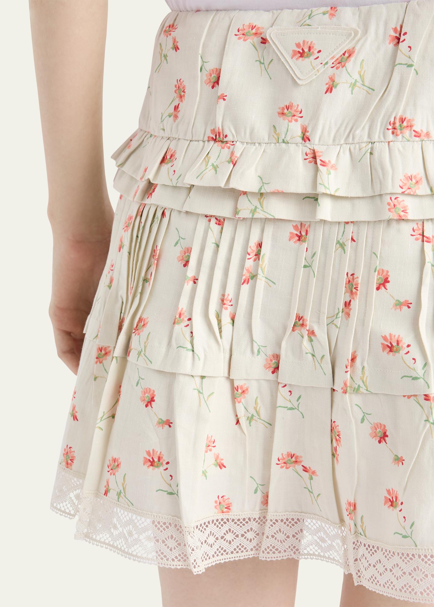 Prada Flower Print Tiered Ruffle Linen Mini Skirt - Bergdorf Goodman