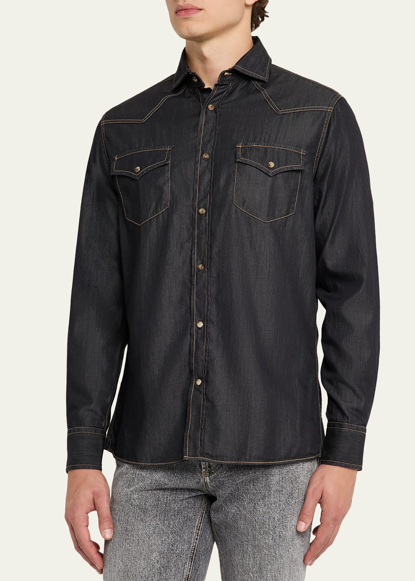Brunello Cucinelli Mens Lightweight Denim Western Shirt - Bergdorf