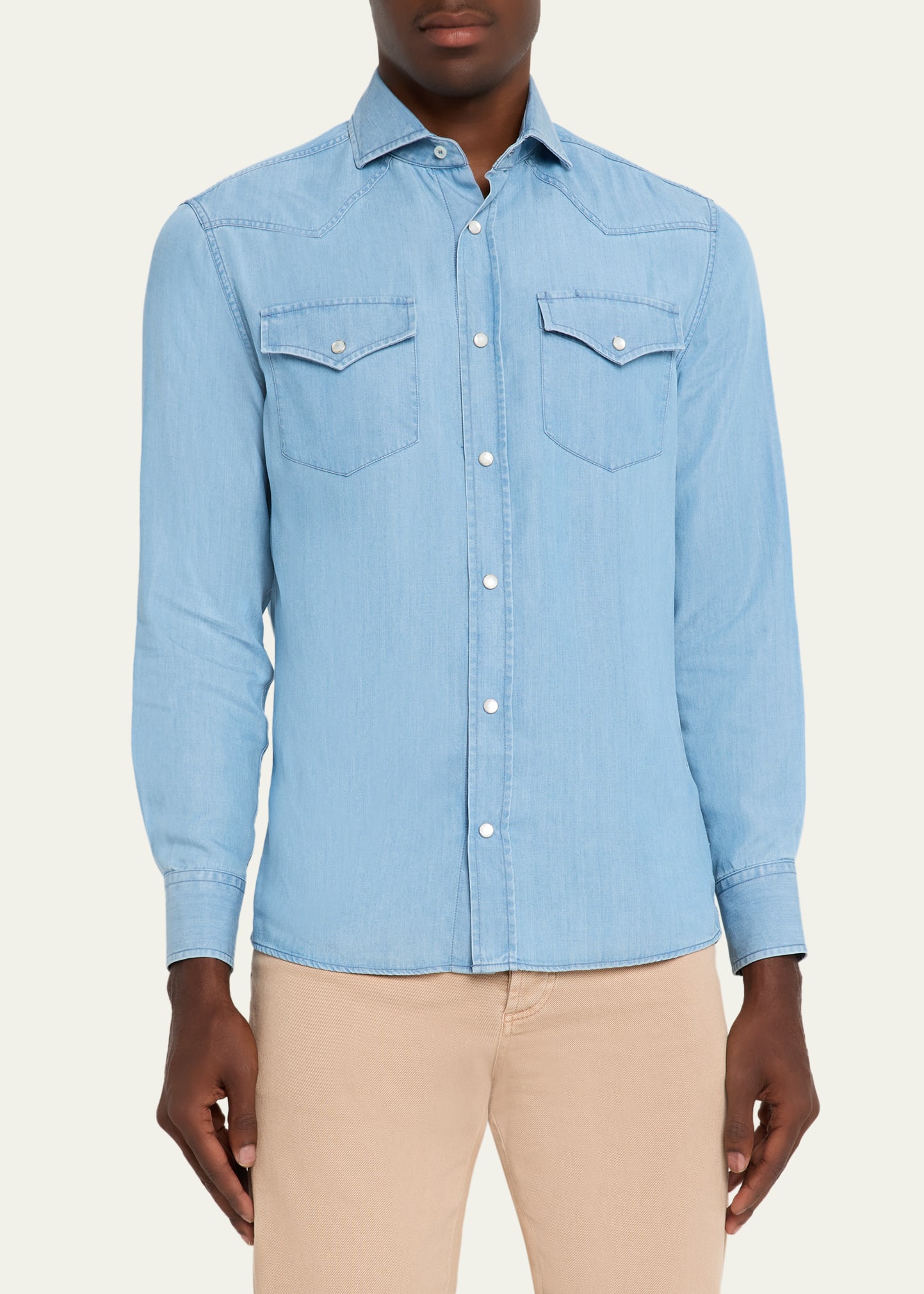 Brunello Cucinelli Mens Lightweight Denim Western Shirt - Bergdorf
