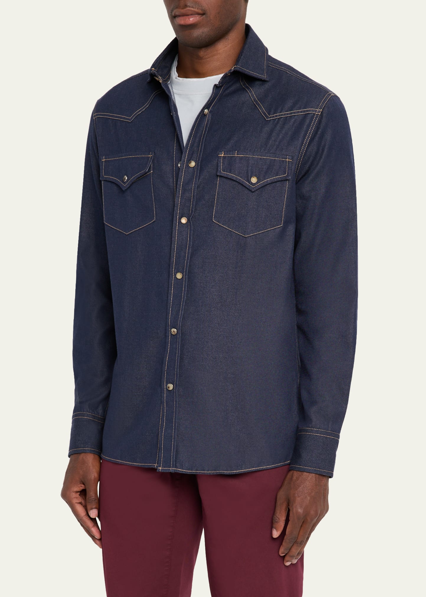 Brunello Cucinelli Men's Denim Snap-Front Western Shirt - Bergdorf