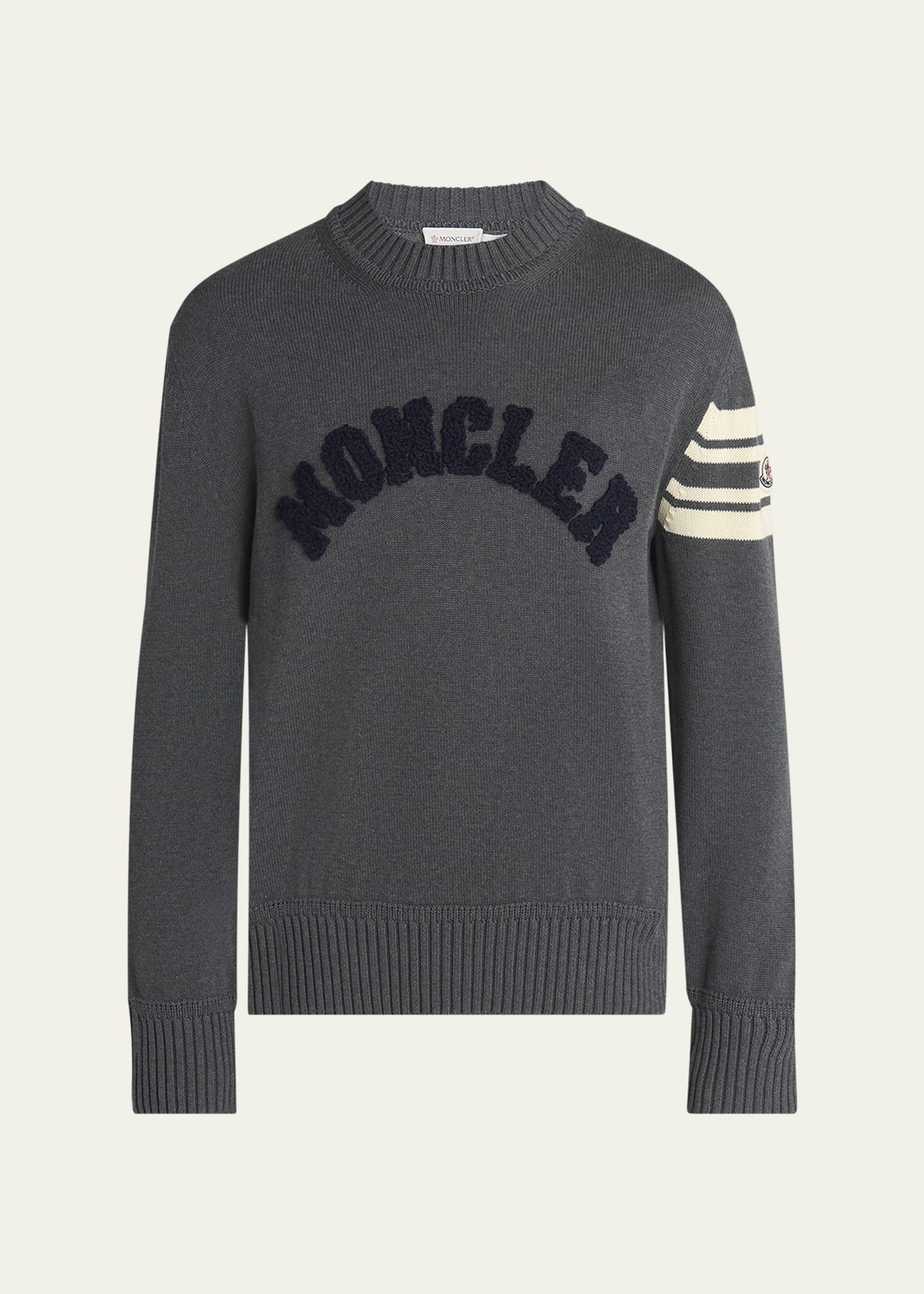 Moncler Men's Curved Logo Knit Crewneck Sweater - Bergdorf Goodman