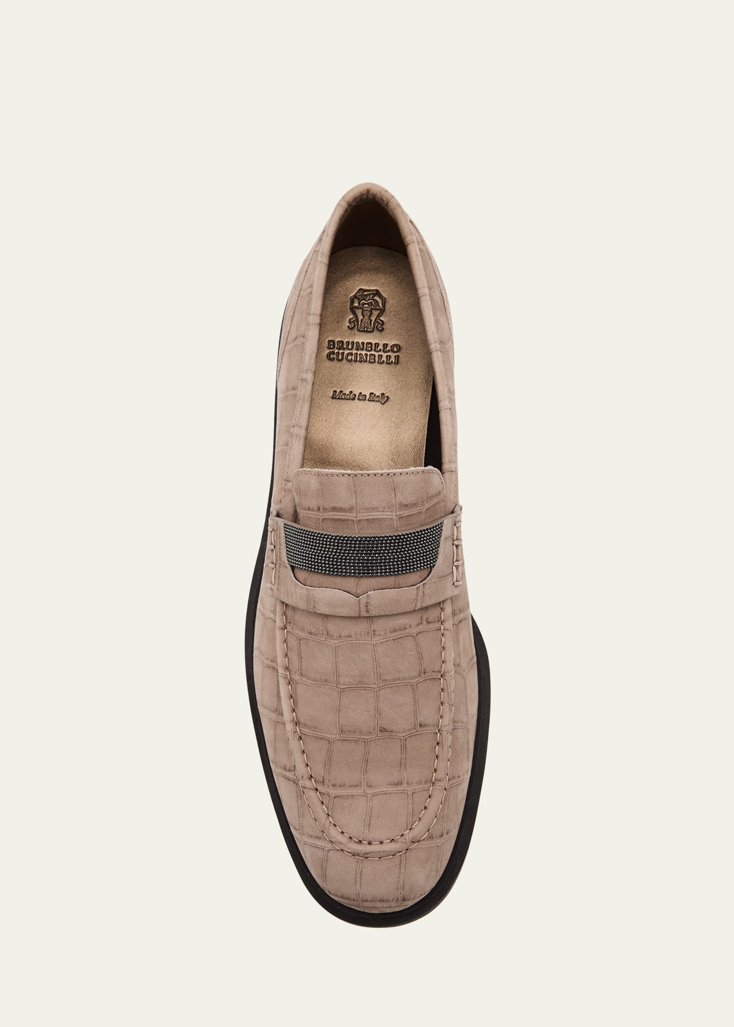 Brunello Cucinelli Croc-Embossed Suede Monili Penny Loafers