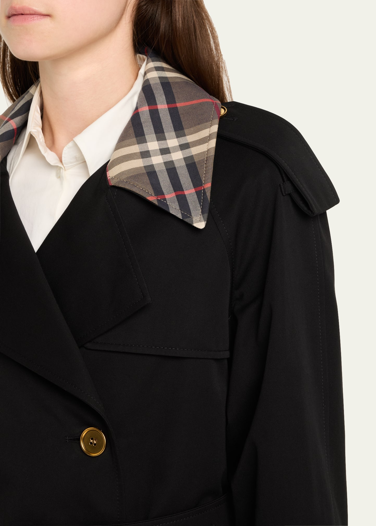 Burberry Castleford Check-Collar Belted Short Trench Coat