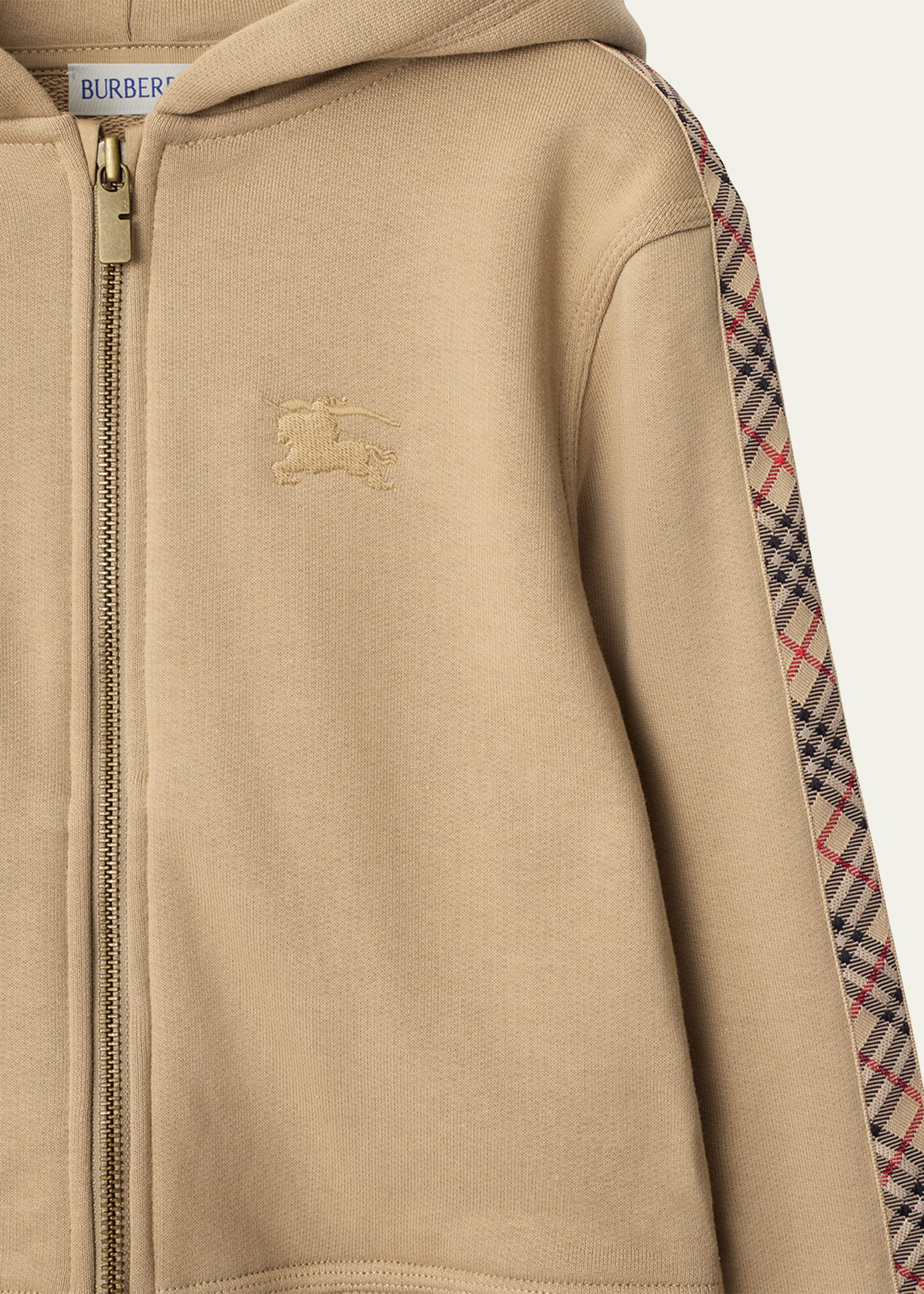 Burberry Boy's Clyde Check Tape Zip-Front Hoodie, Size 3-14