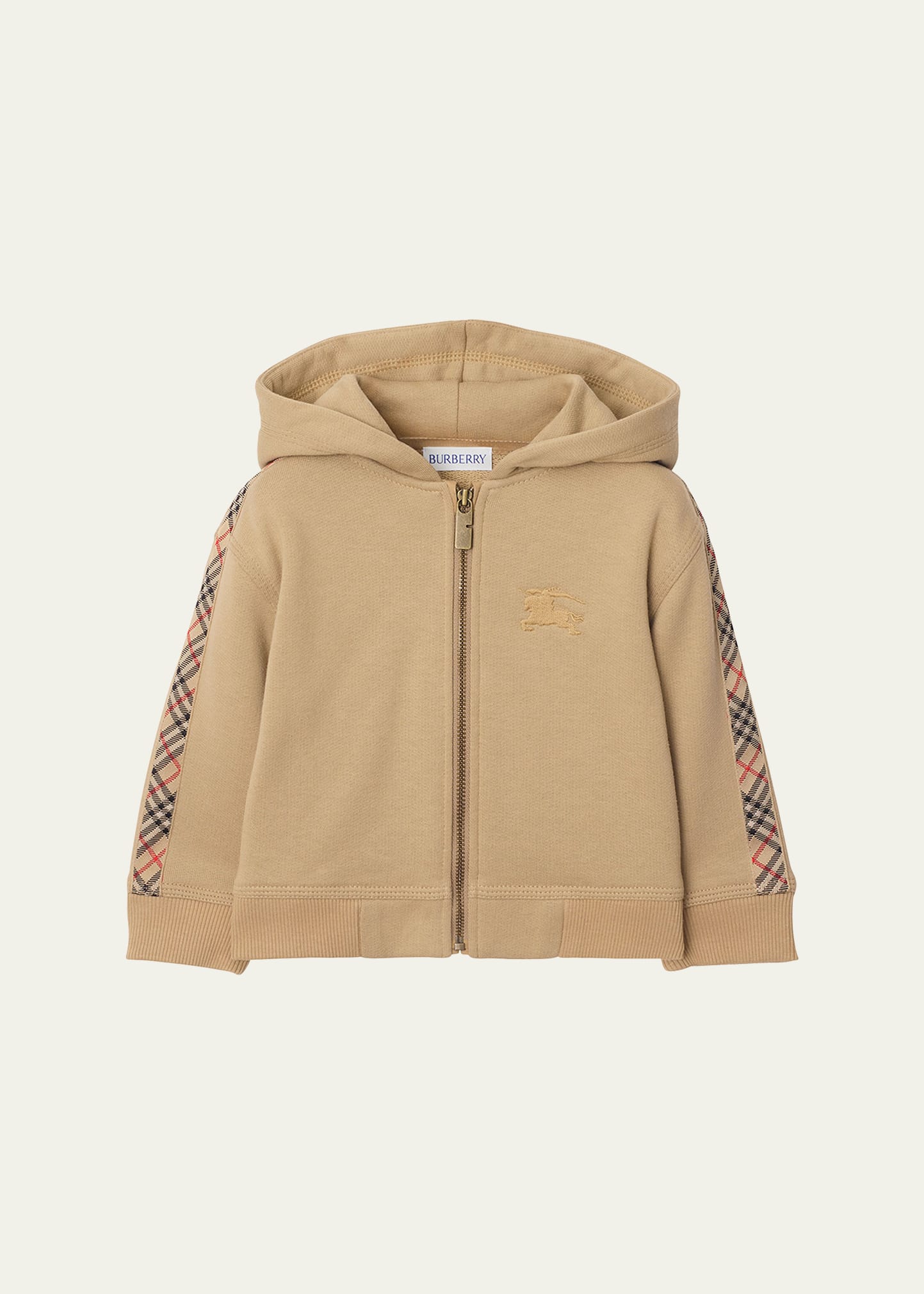 Burberry Kid's Clyde Check Tape Zip-Front Hoodie, Size 6M-2
