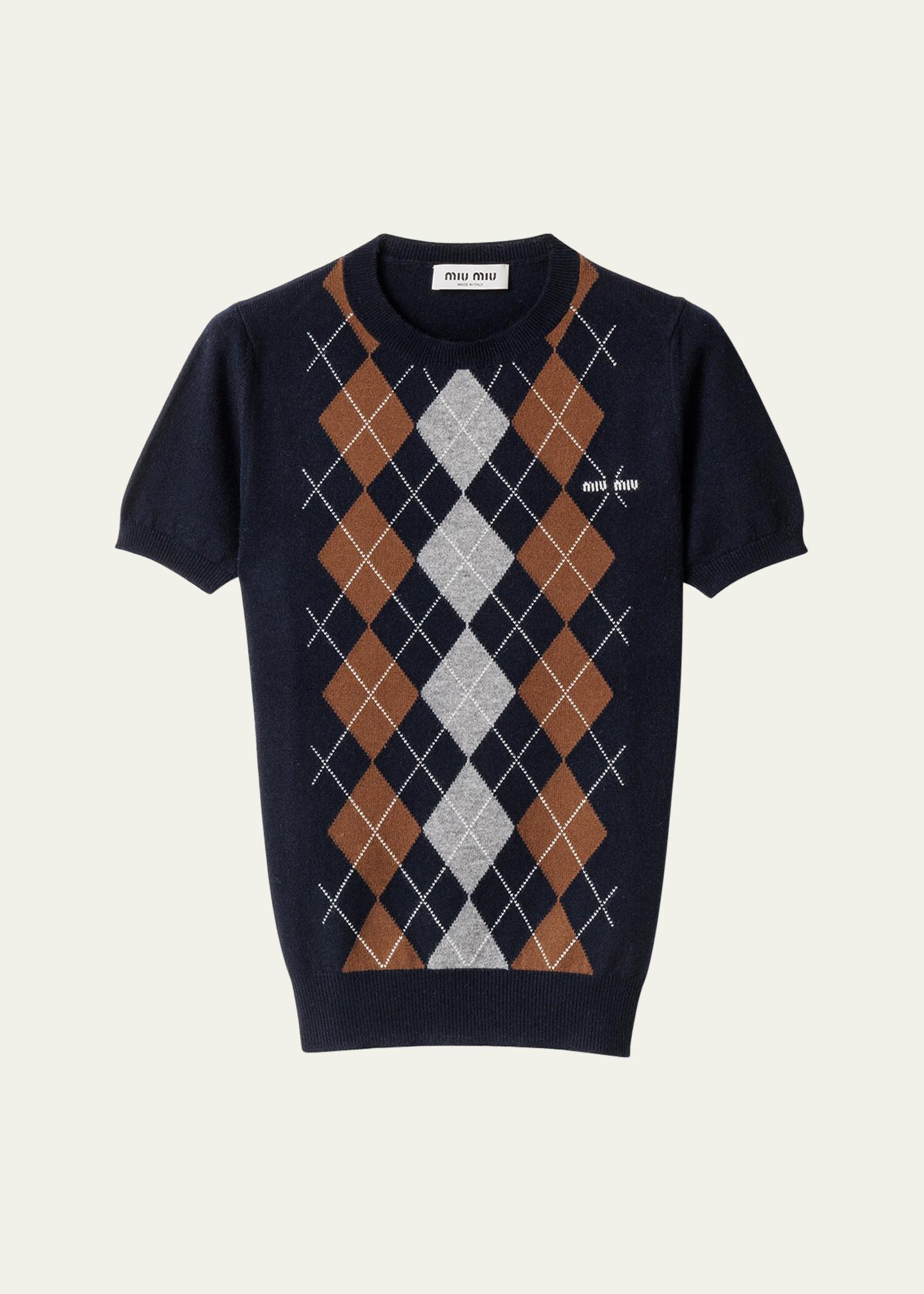 Miu Miu Cashmere Argyle Short-Sleeve Sweater - Bergdorf Goodman