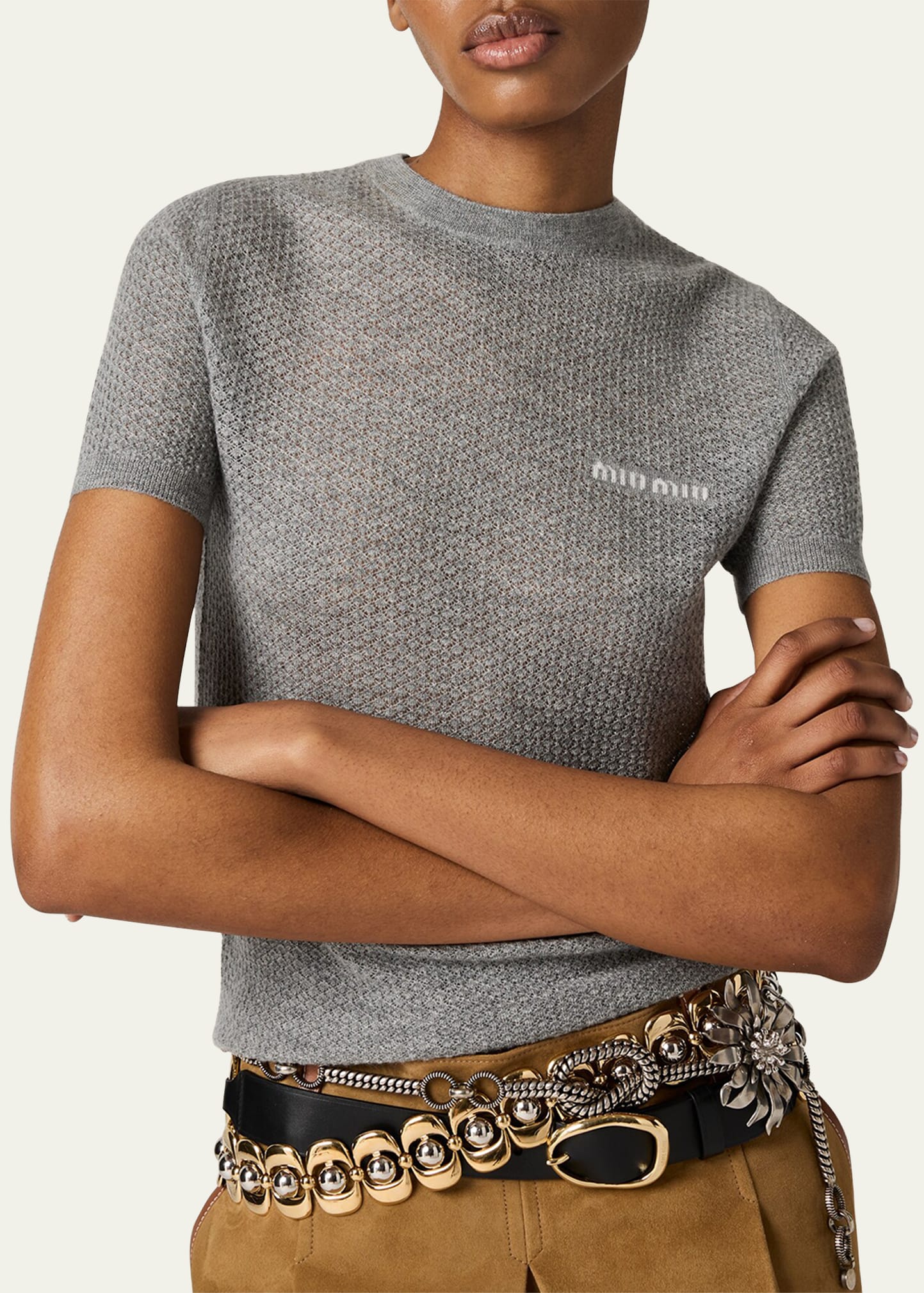 Miu Miu Cashmere Lacy Short-Sleeve Sweater - Bergdorf Goodman