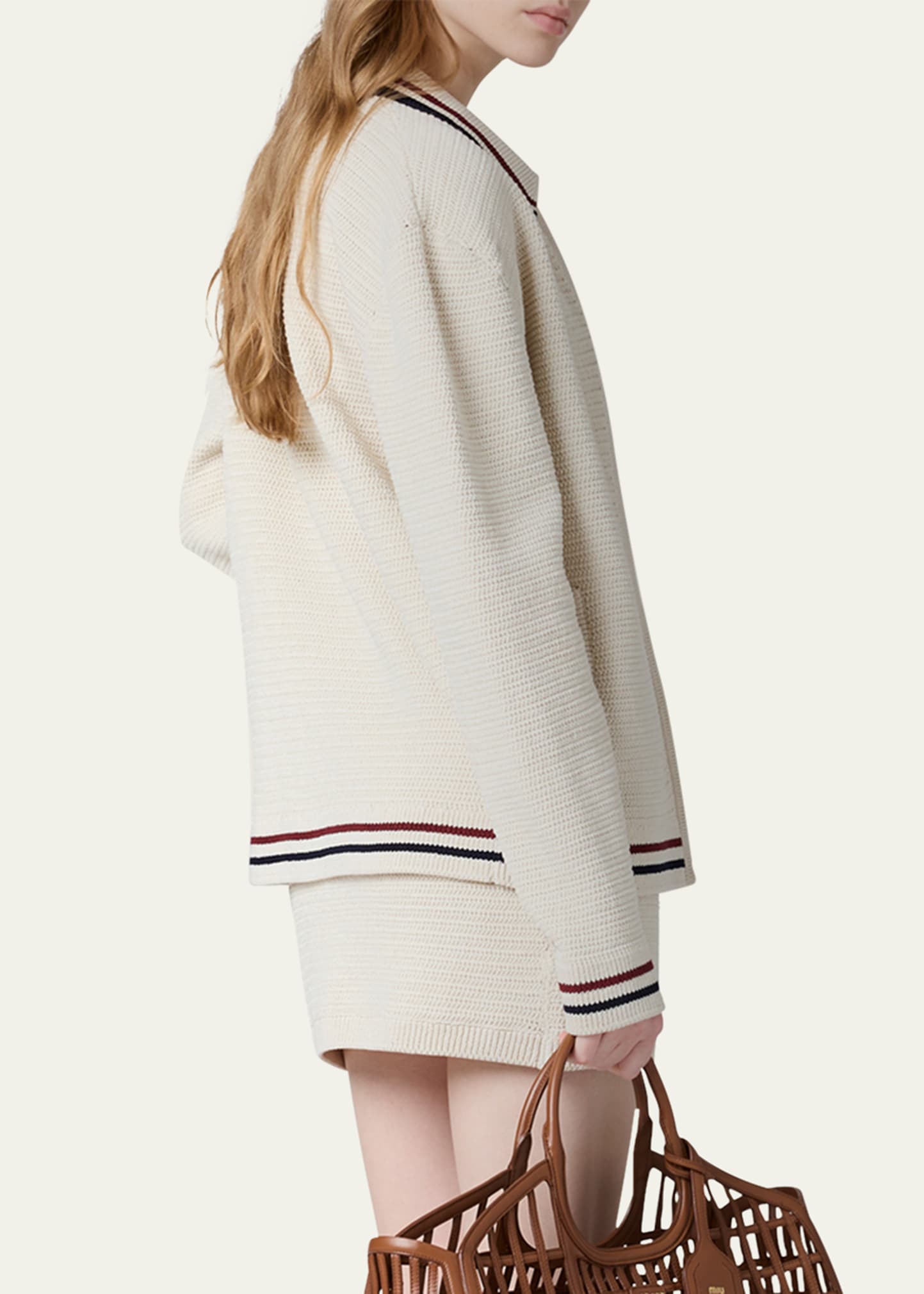 Miu Miu Striped-Trim Cotton Crochet Zip Cardigan - Bergdorf Goodman