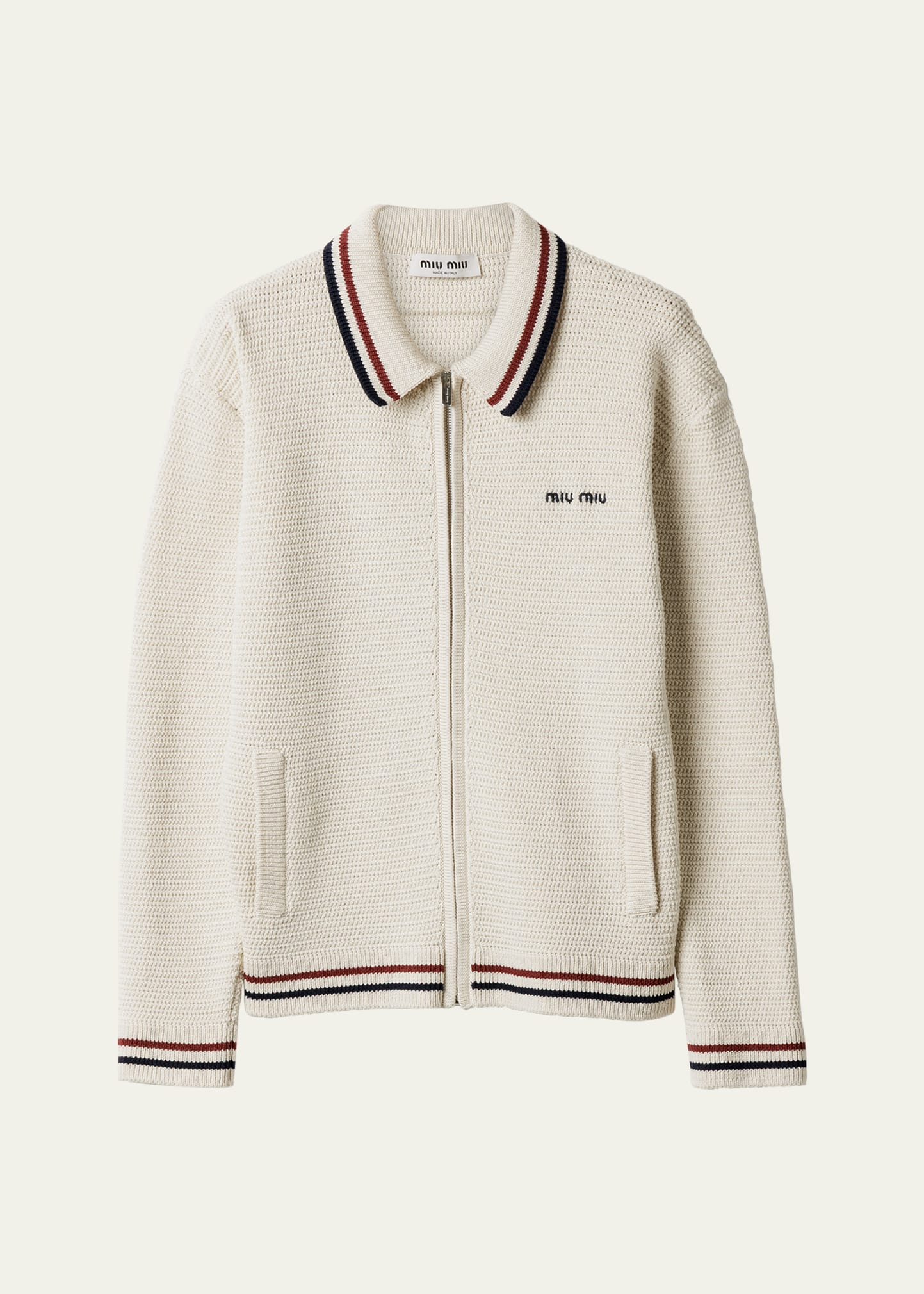Miu Miu Striped-Trim Cotton Crochet Zip Cardigan - Bergdorf