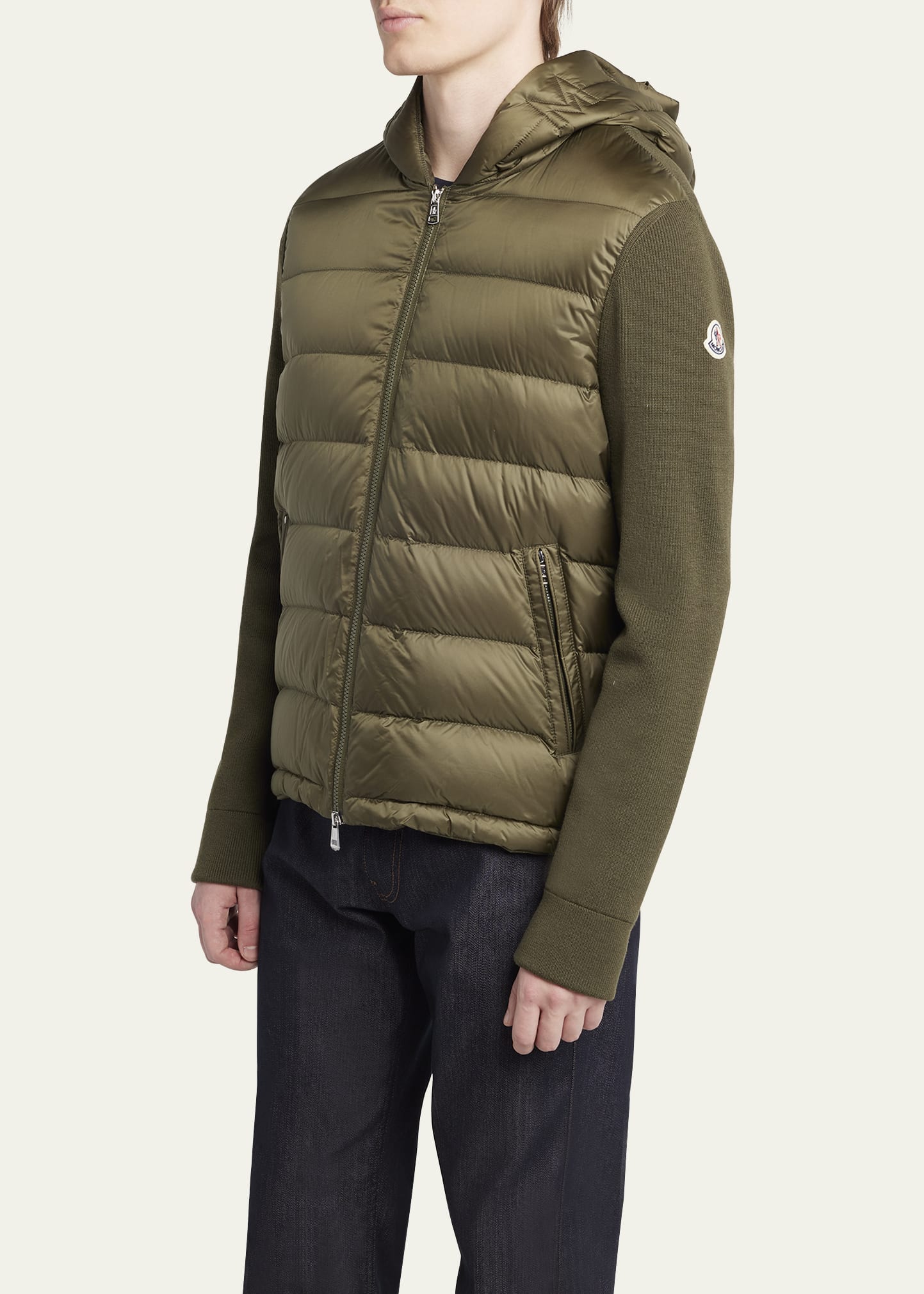 Moncler Men's Padded Nylon Knit-Sleeve Hooded Cardigan