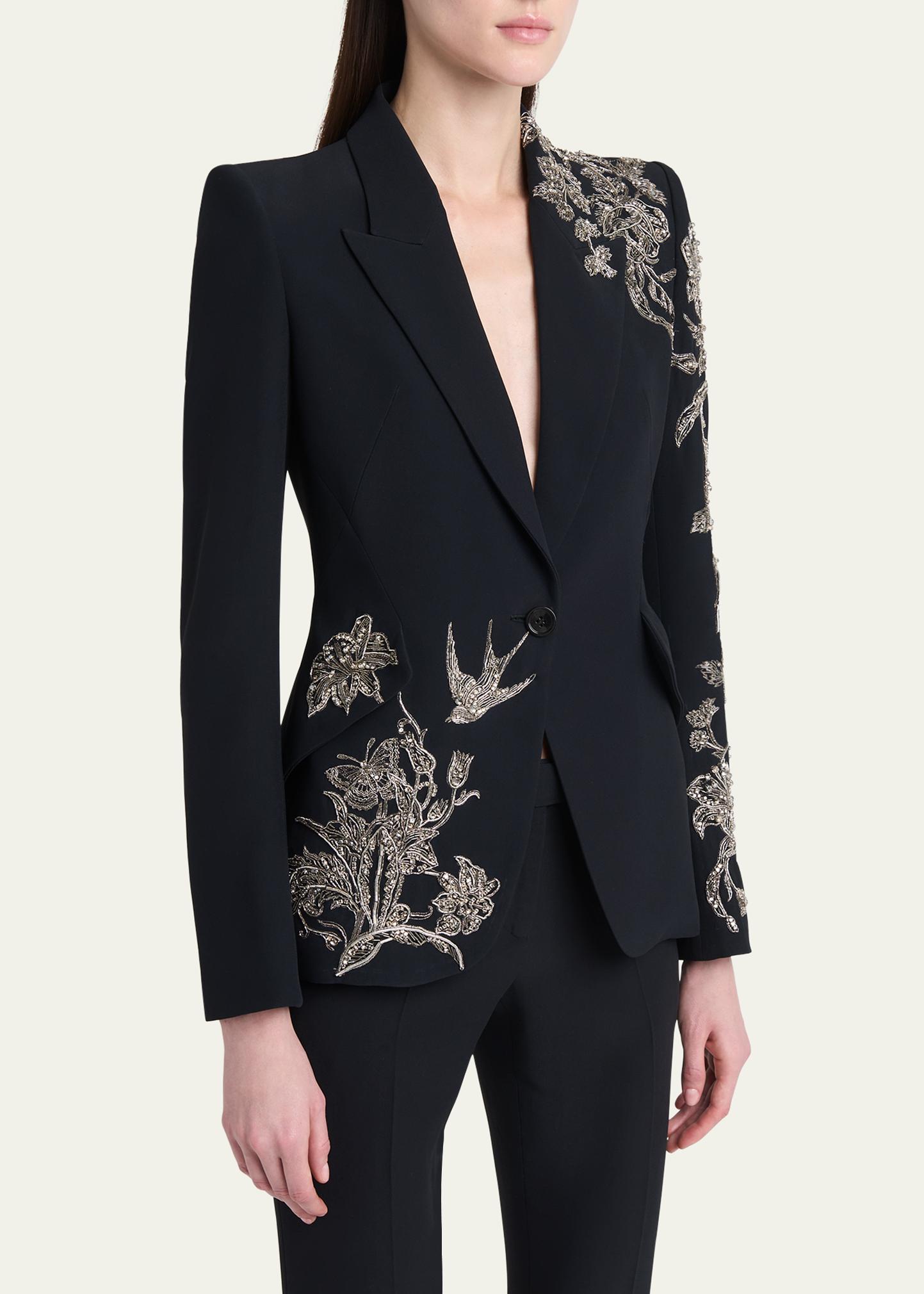 McQueen Crystal Embroidered Single-Breasted Blazer Jacket