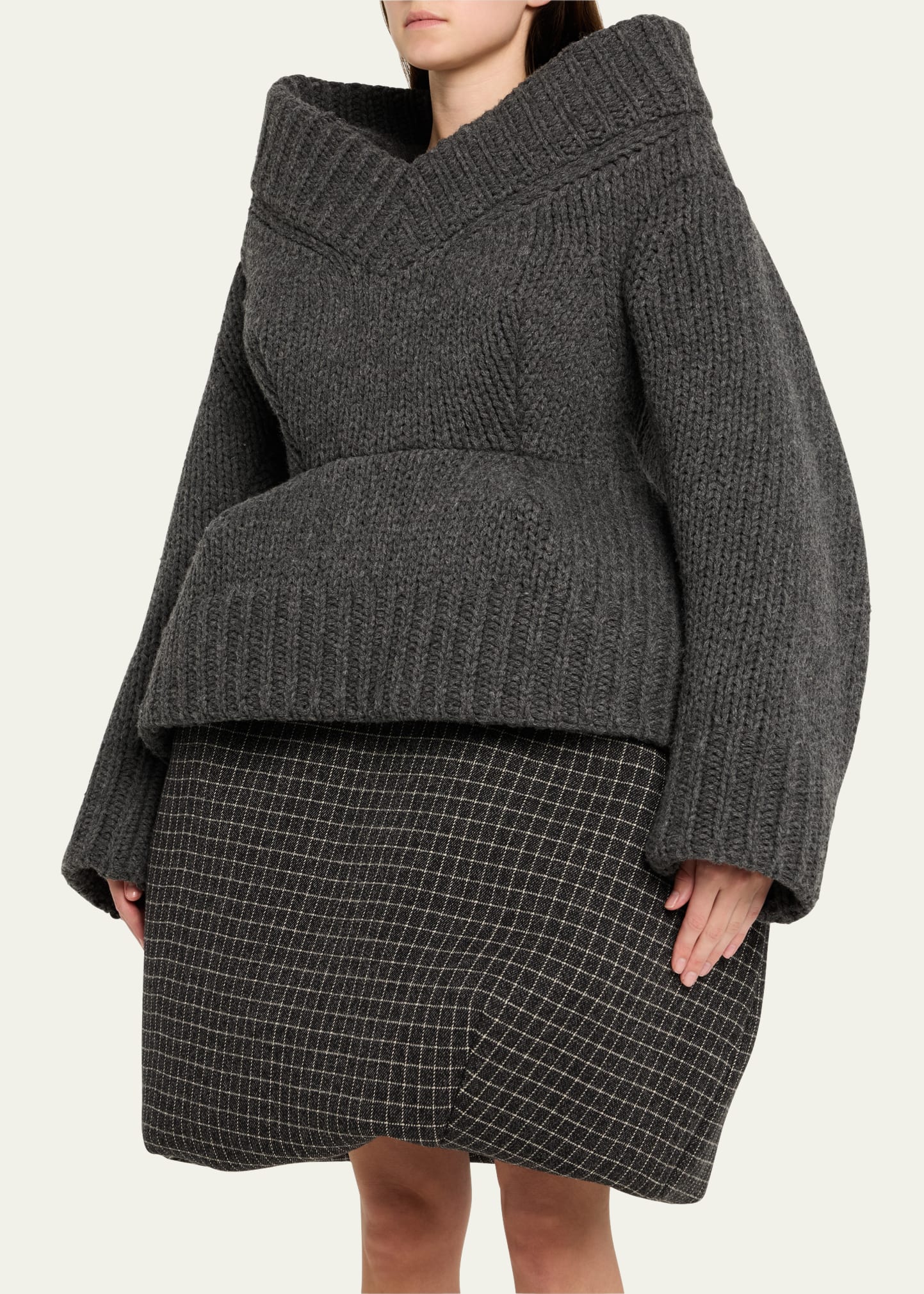 Marc Jacobs Runway Padded V-Neck Peplum Sweater, Grey, Women's, Small, Sweaters V-Neck Sweaters