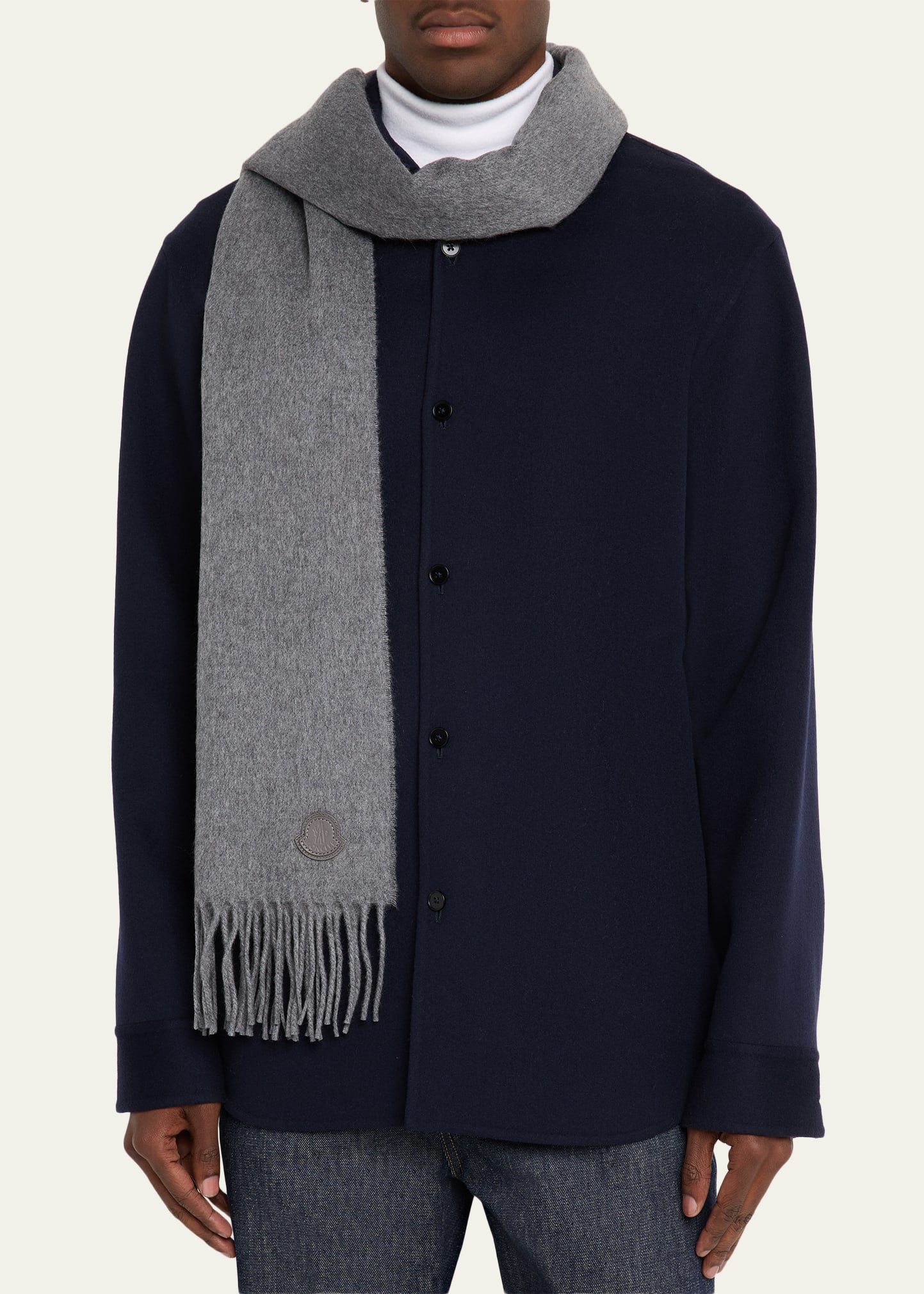 Moncler Men's Fringed Cashmere Scarf with Leather Logo - Bergdorf