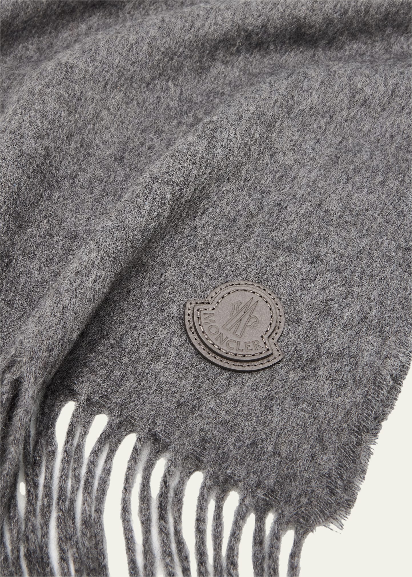 Moncler Men's Fringed Cashmere Scarf with Leather Logo - Bergdorf