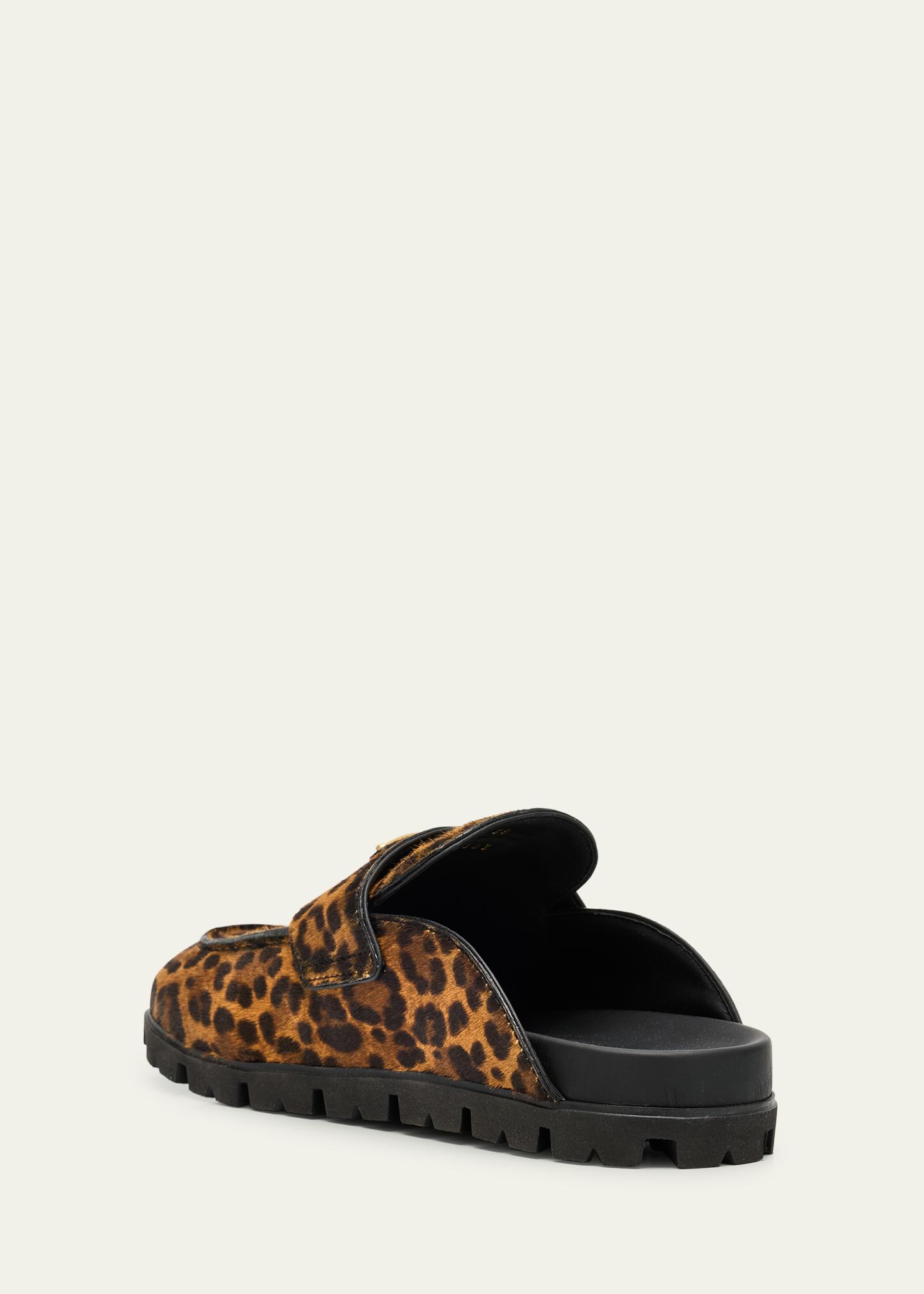 Prada Leopard Calf Hair Triangle Logo Mules - Bergdorf Goodman