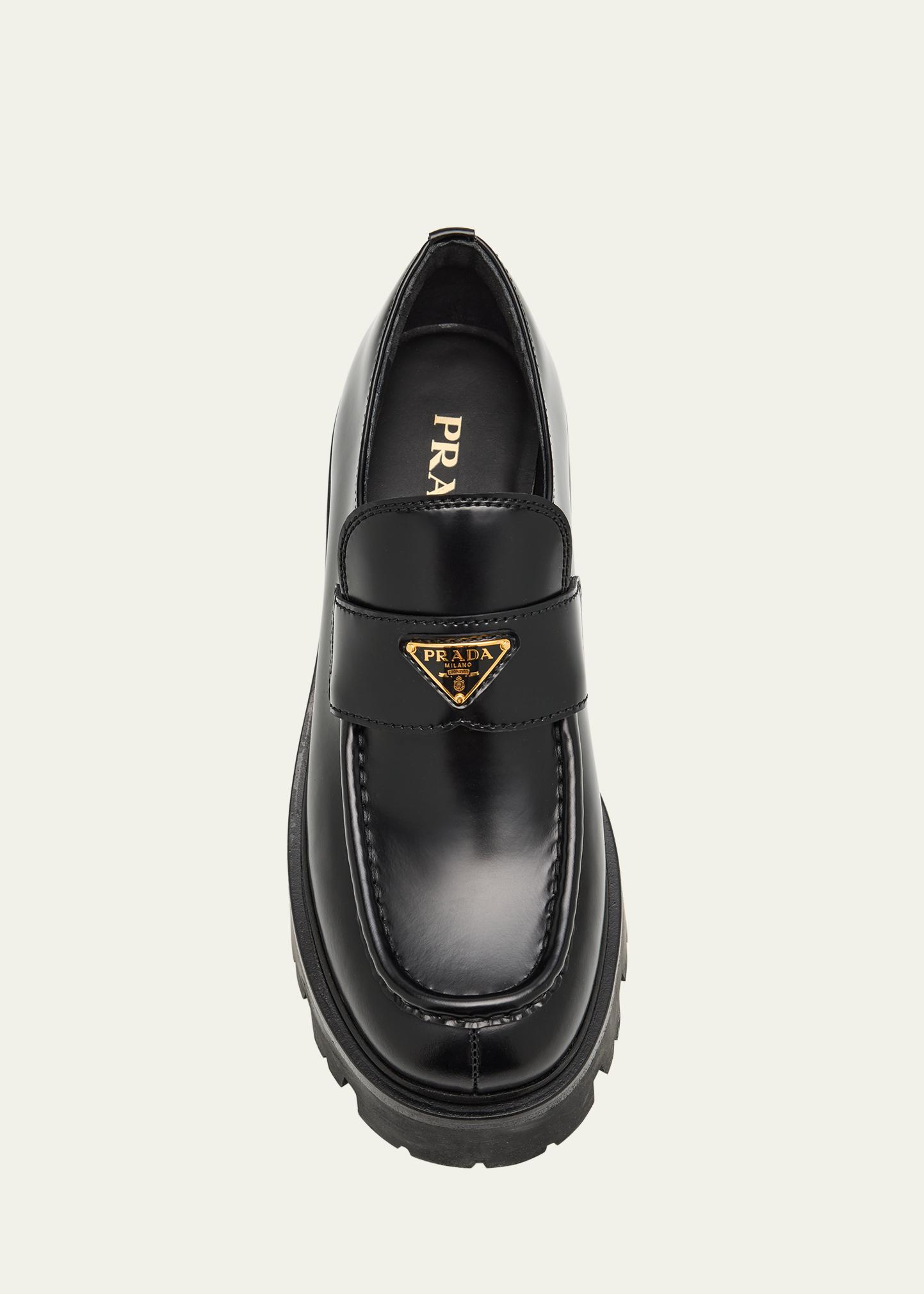 Prada Platform Leather Triangle Logo Loafers - Bergdorf Goodman