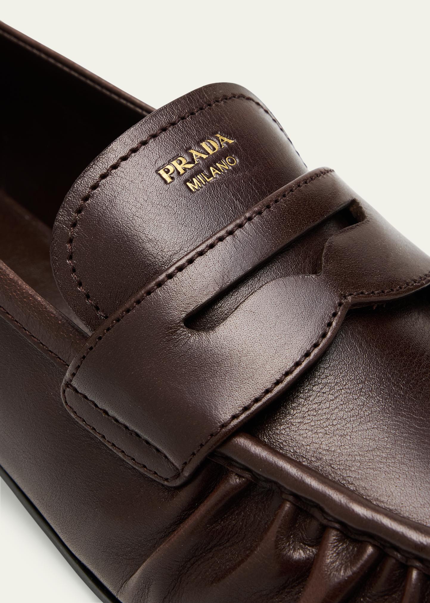 Prada brown leather loafers. Size 9.5 #luxury #loafers Prada Ruched Leather Loafers - Bergdorf Goodman main image 3