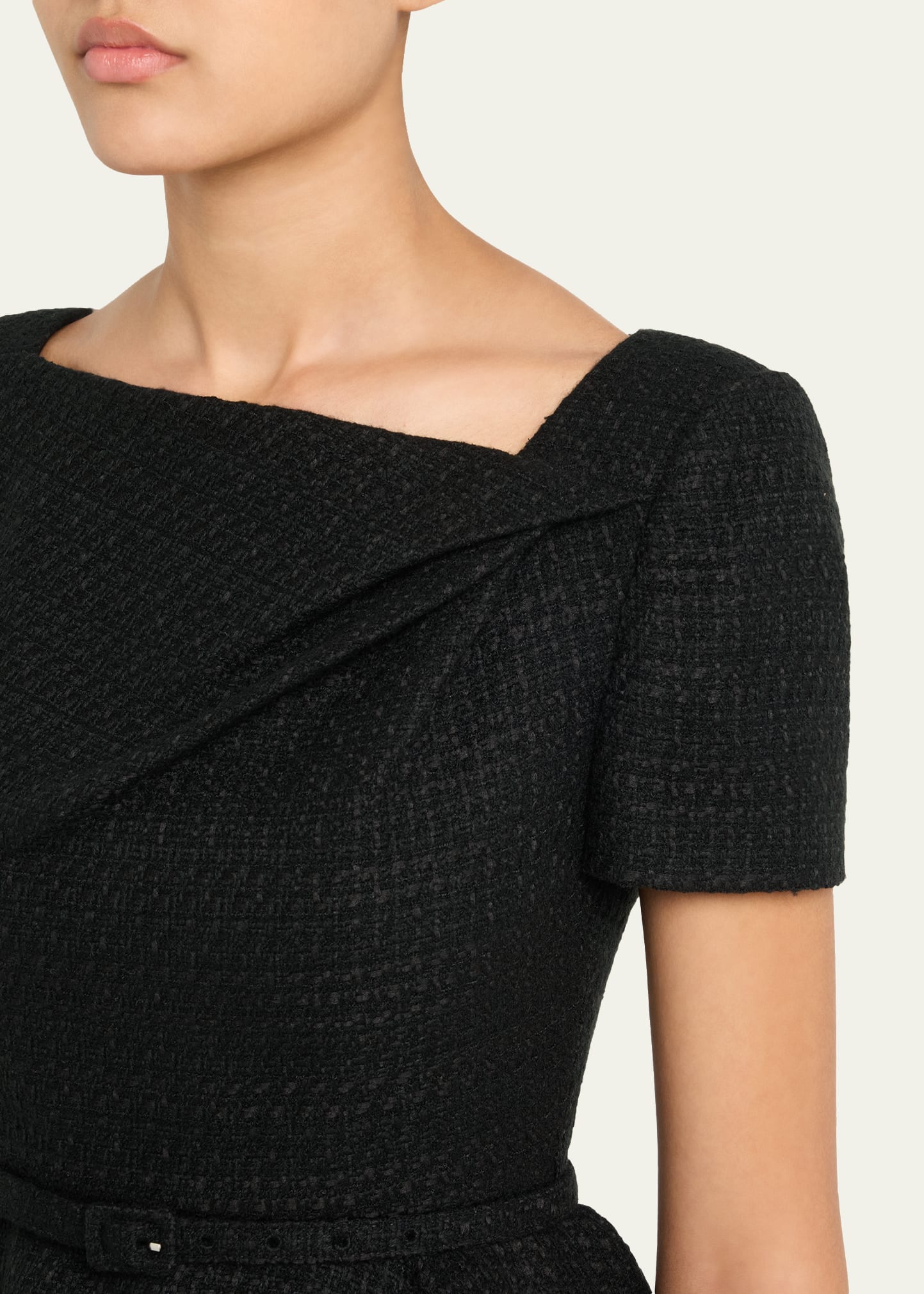 Roland Mouret Asymmetric Twist Boucle Belted Peplum Midi Dress