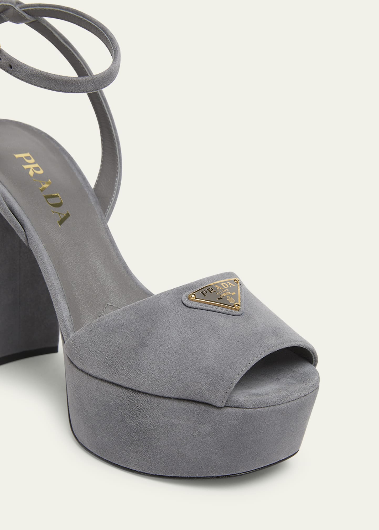 PRADA グレー オープントゥヒール Prada Triangle Logo Suede Ankle-Strap Platform Sandals - Bergdorf
