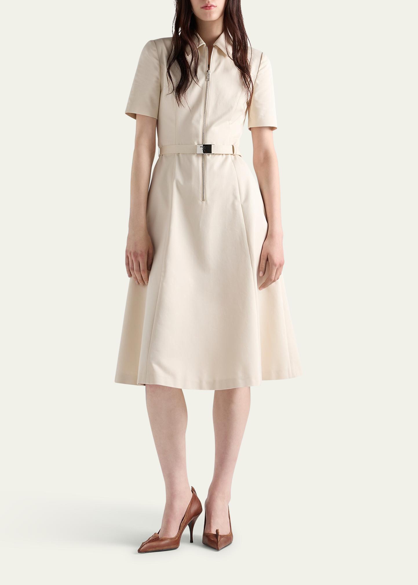 Prada Short-Sleeve Belted Chino Midi Dress - Bergdorf Goodman