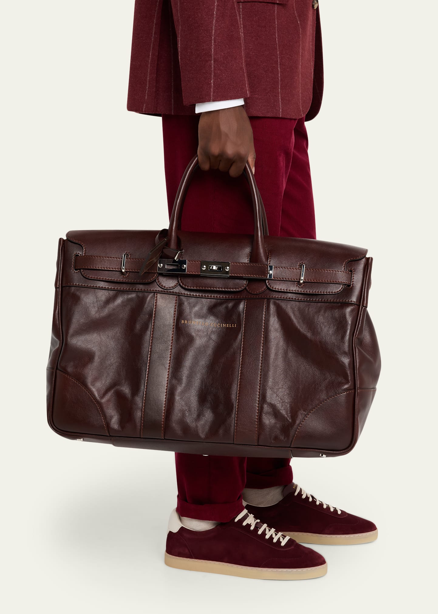 Brunello Cucinelli Men's Country Leather Clasp-Front Duffel Bag