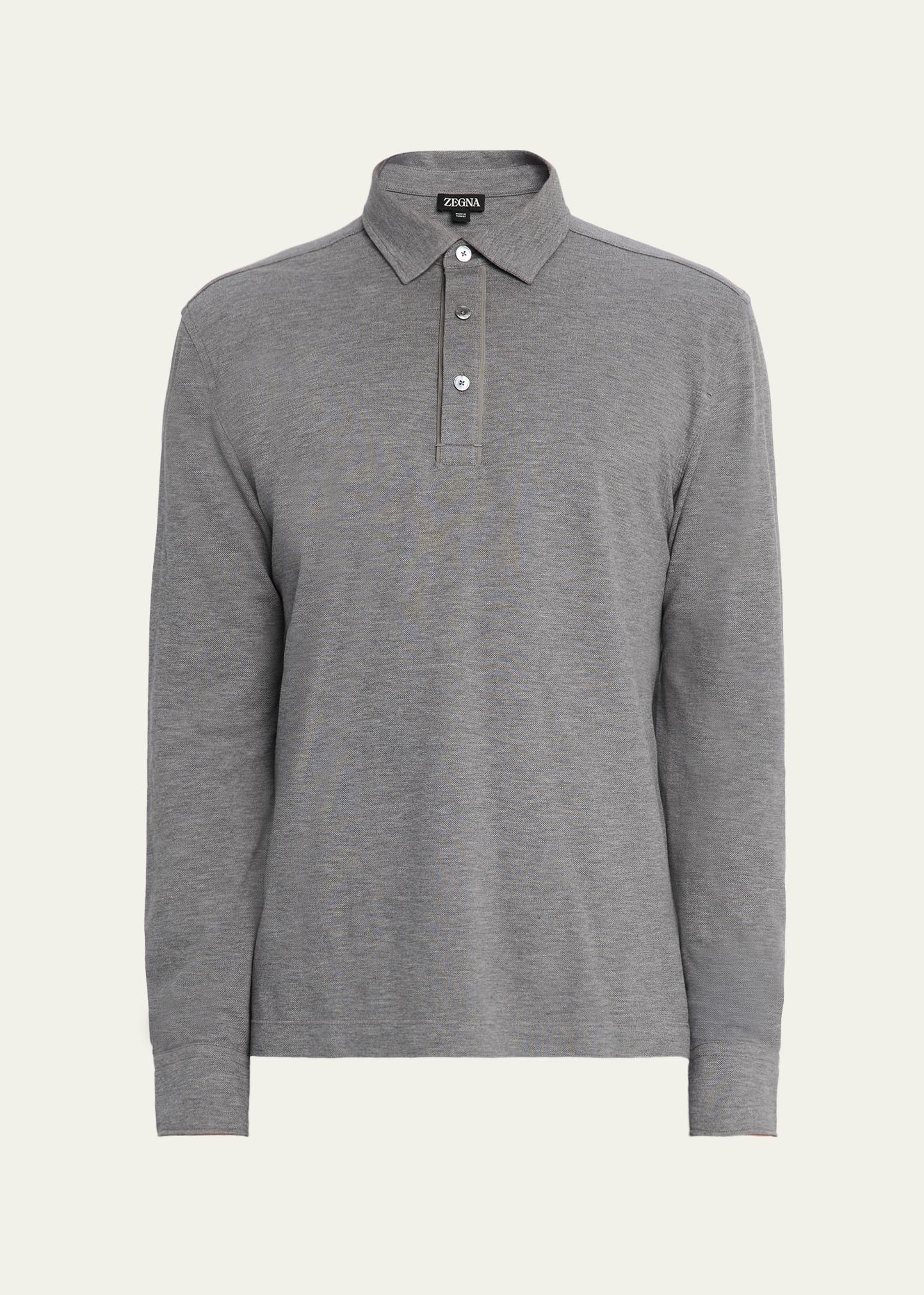 Zegna Men's Leather-Trim Melange Cotton Long-Sleeve Polo Shirt