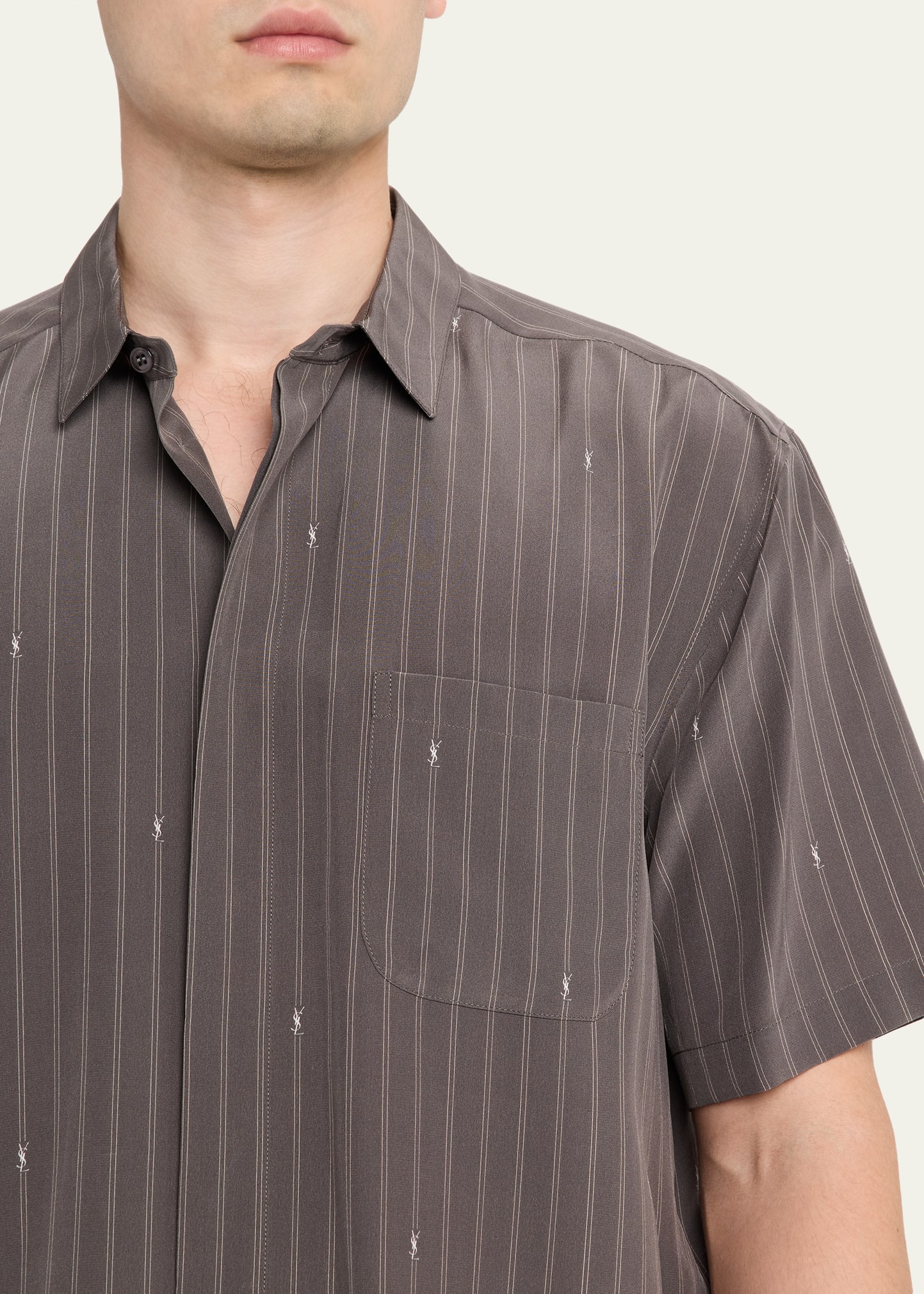 Saint Laurent Men's Cassandre Short-Sleeved Button-Front Shirt
