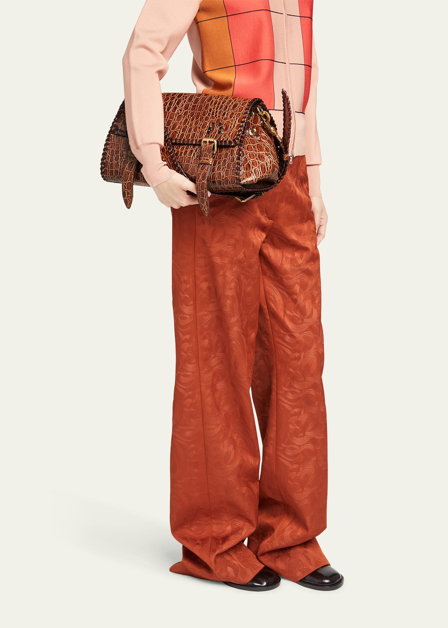 Dries Van Noten Medium Double Buckle Croc-Embossed Messenger Bag