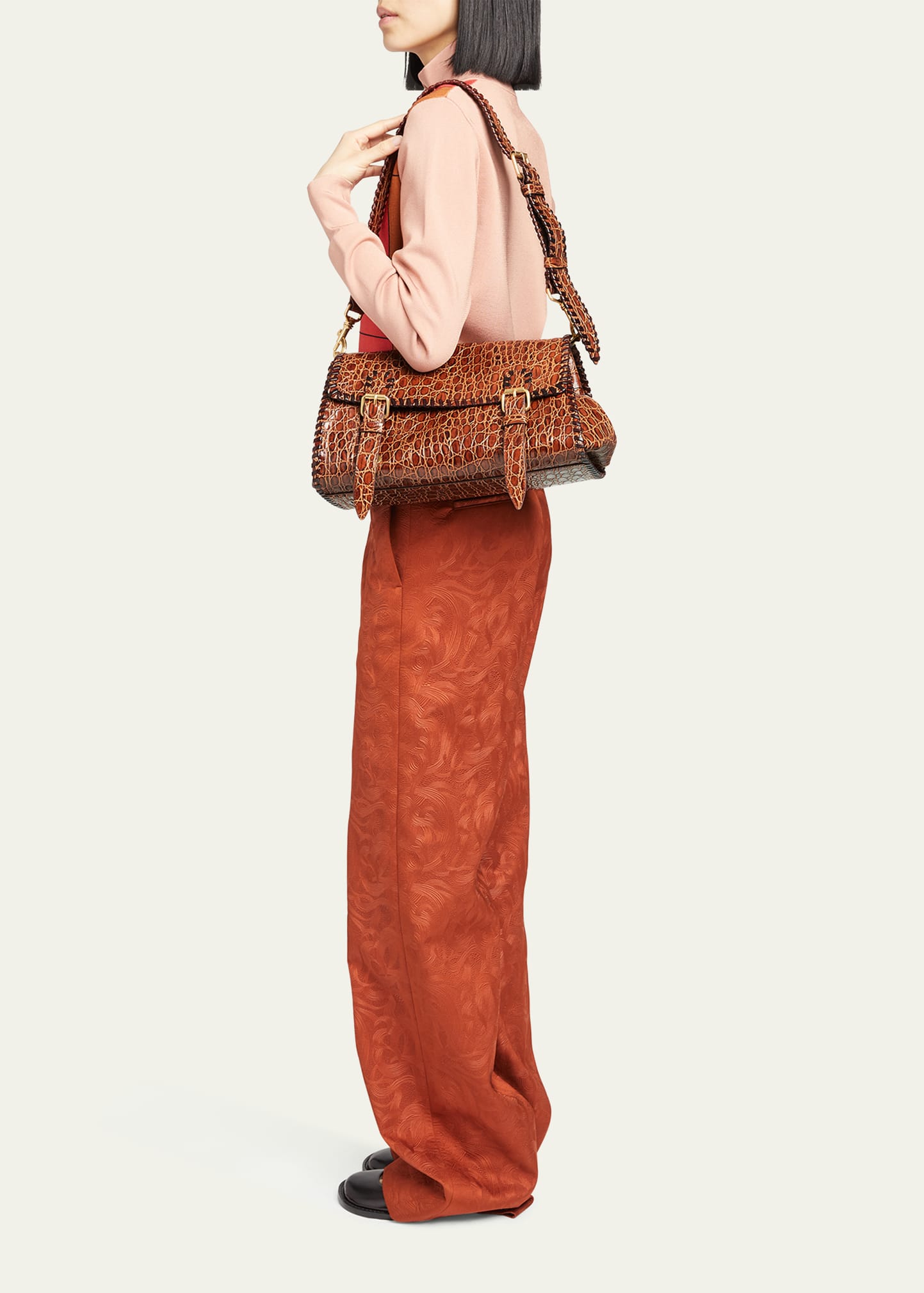 Dries Van Noten Medium Double Buckle Croc-Embossed Messenger Bag