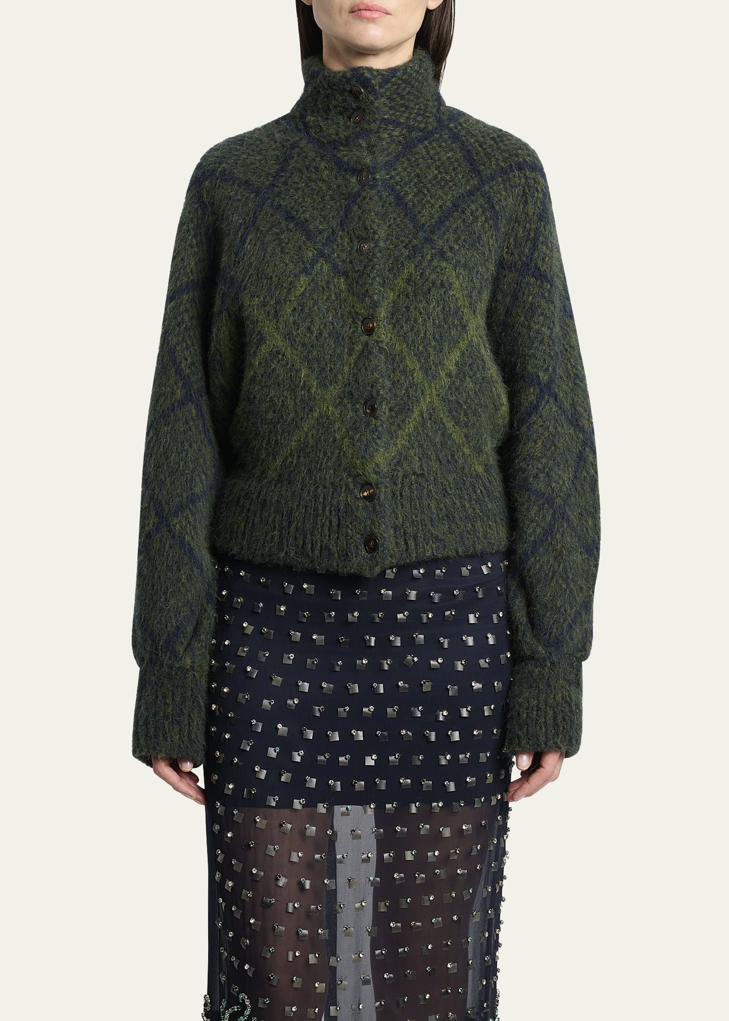 Dries Van Noten Diamond Knit Turtleneck Cardigan - Bergdorf Goodman