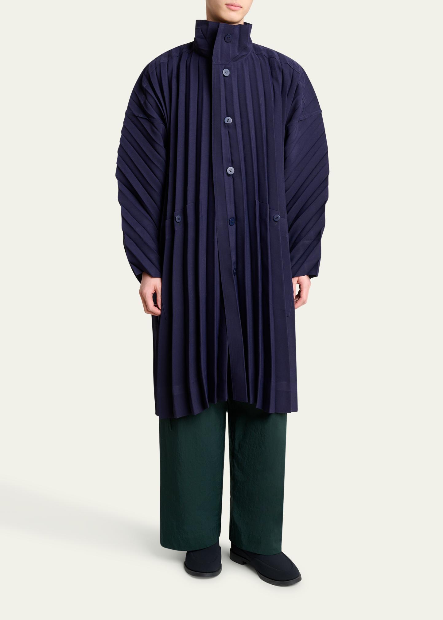 Homme Plissé Issey Miyake Men's Navy Edge Pleated Overcoat