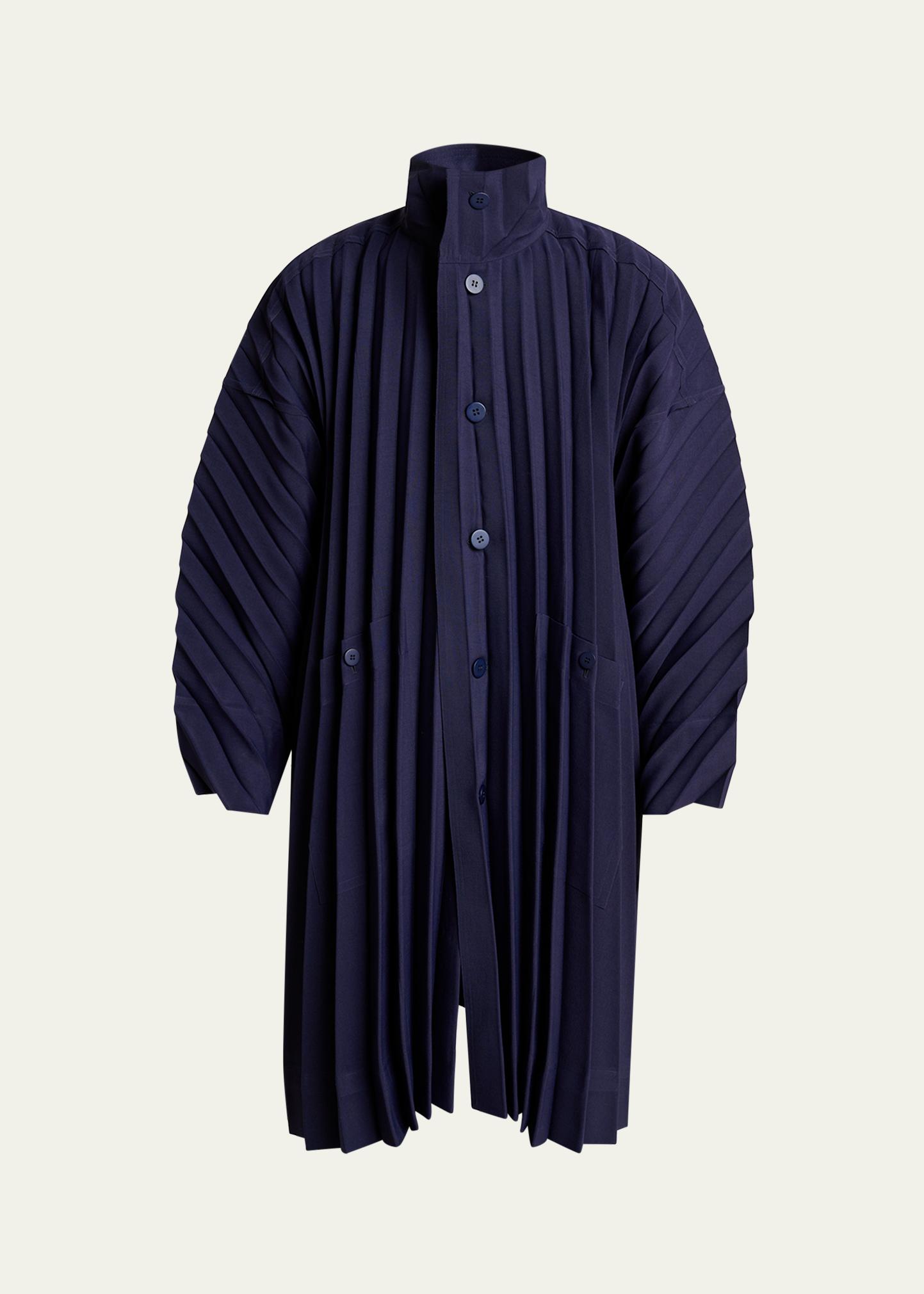 Homme Plissé Issey Miyake Men's Navy Edge Pleated Overcoat