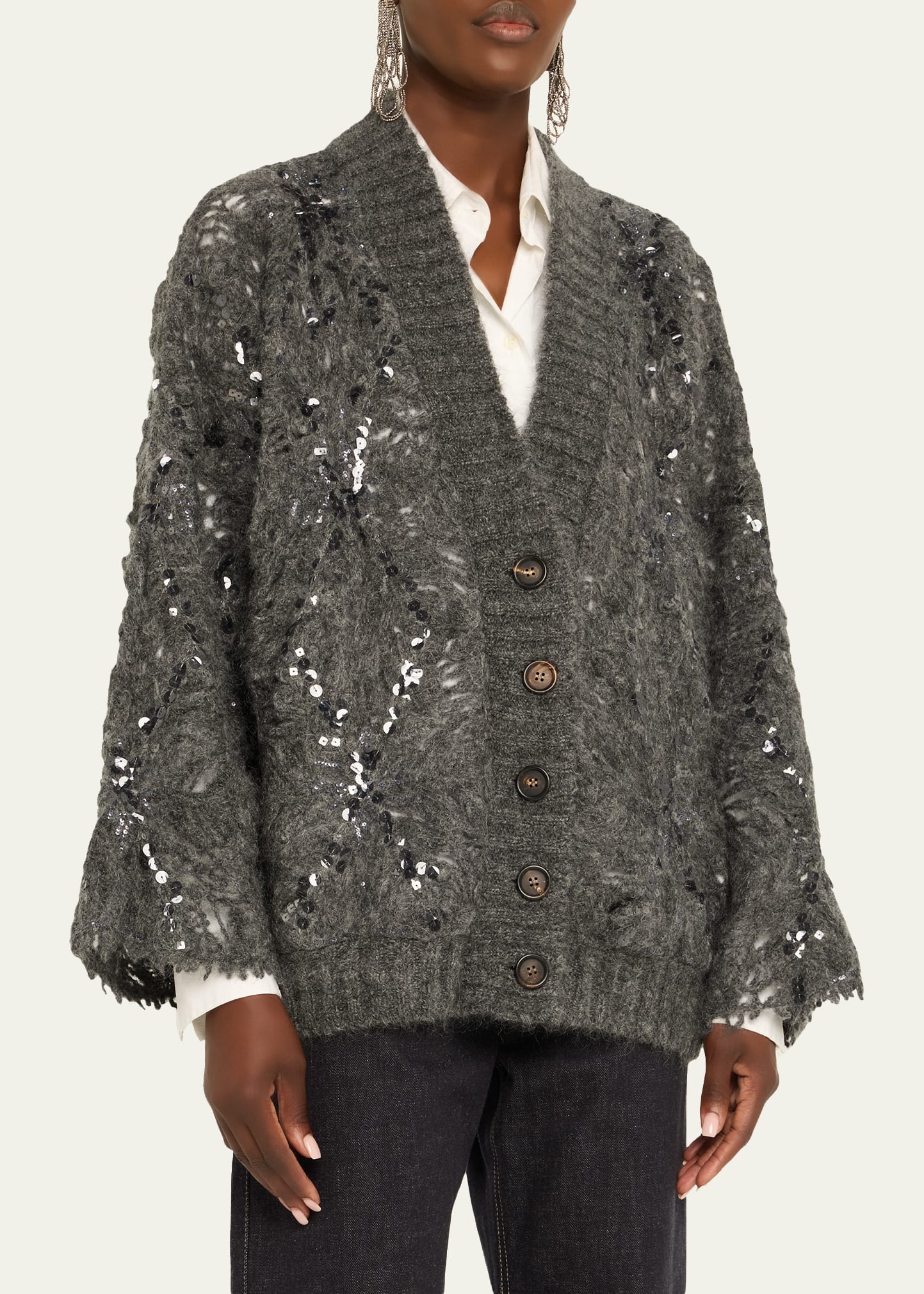 Brunello Cucinelli Frosty Sequined Wool-Cashmere V-Neck Cardigan