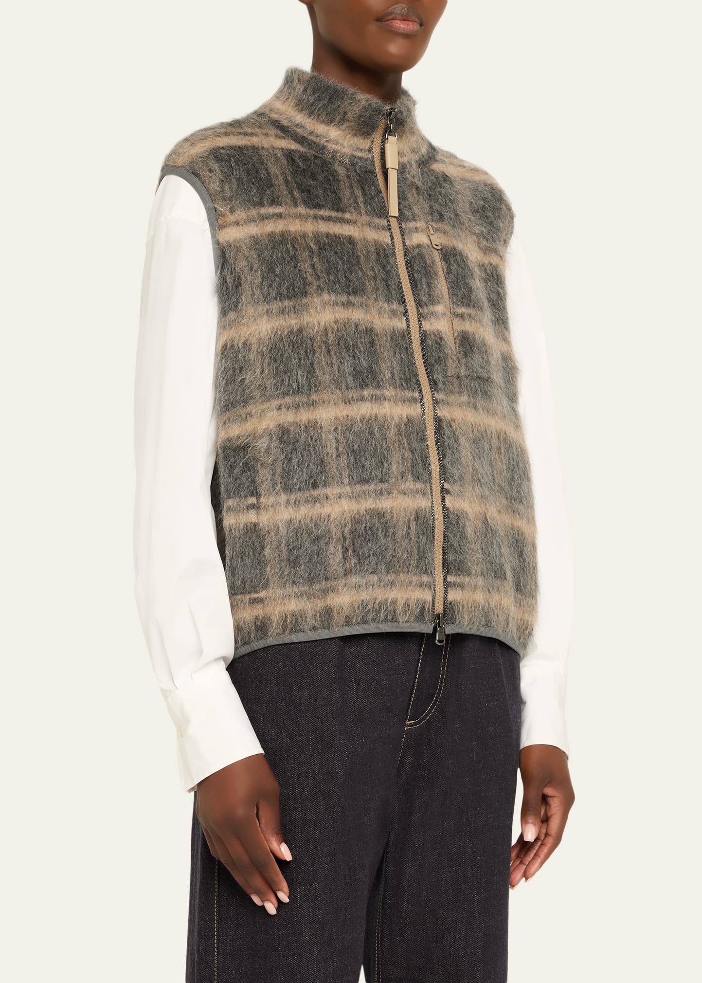 Brunello Cucinelli Fuzzy Check Wool-Mohair Zip Vest - Bergdorf Goodman
