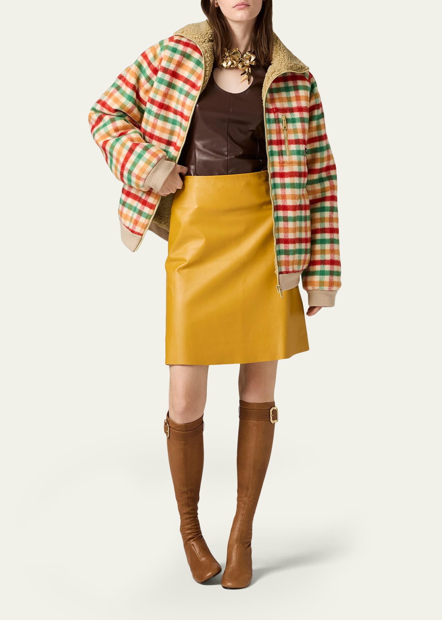 Miu Miu Faux-Fur Lined Check Fleece Jacket - Bergdorf Goodman