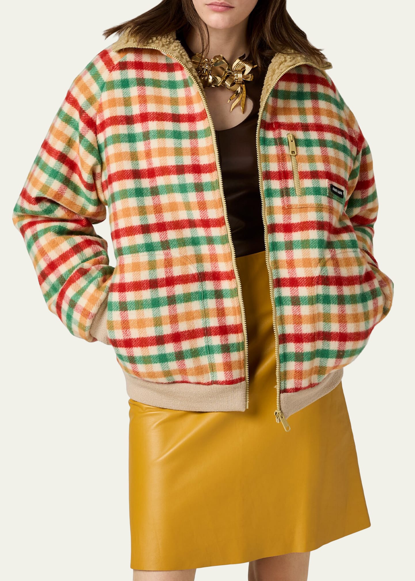 Miu Miu Faux-Fur Lined Check Fleece Jacket - Bergdorf Goodman