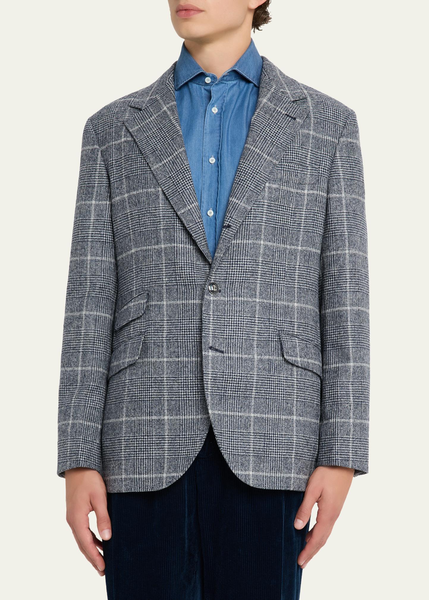 Brunello Cucinelli Men's Overplaid Metal-Button Sport Coat