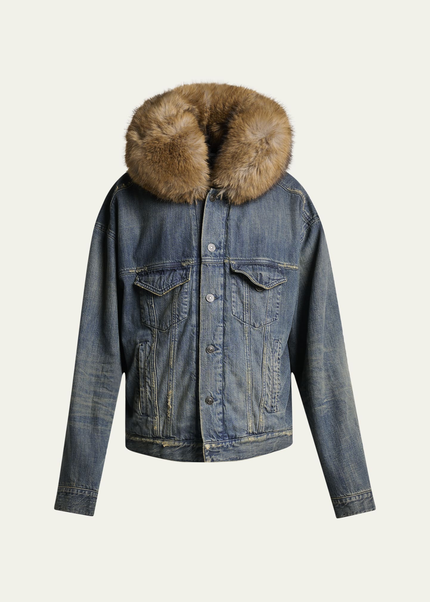 balenciaga p coat archive opium 短丈　ニコラ期 Balenciaga Men's Faux Fur-Trim Hooded Denim Trucker Jacket