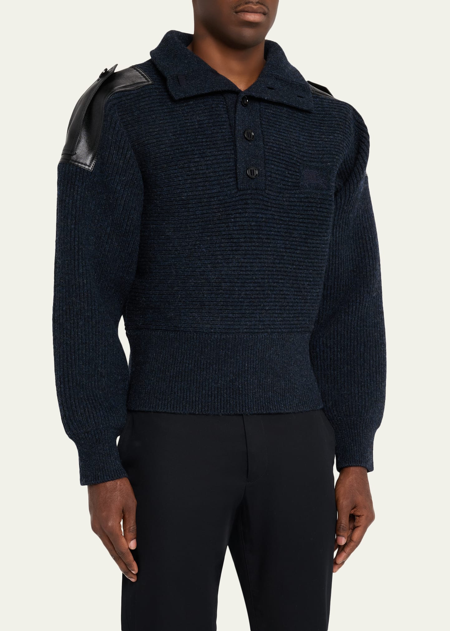 Burberry Men's Wool Half-Placket Leather-Epaulette Turtleneck
