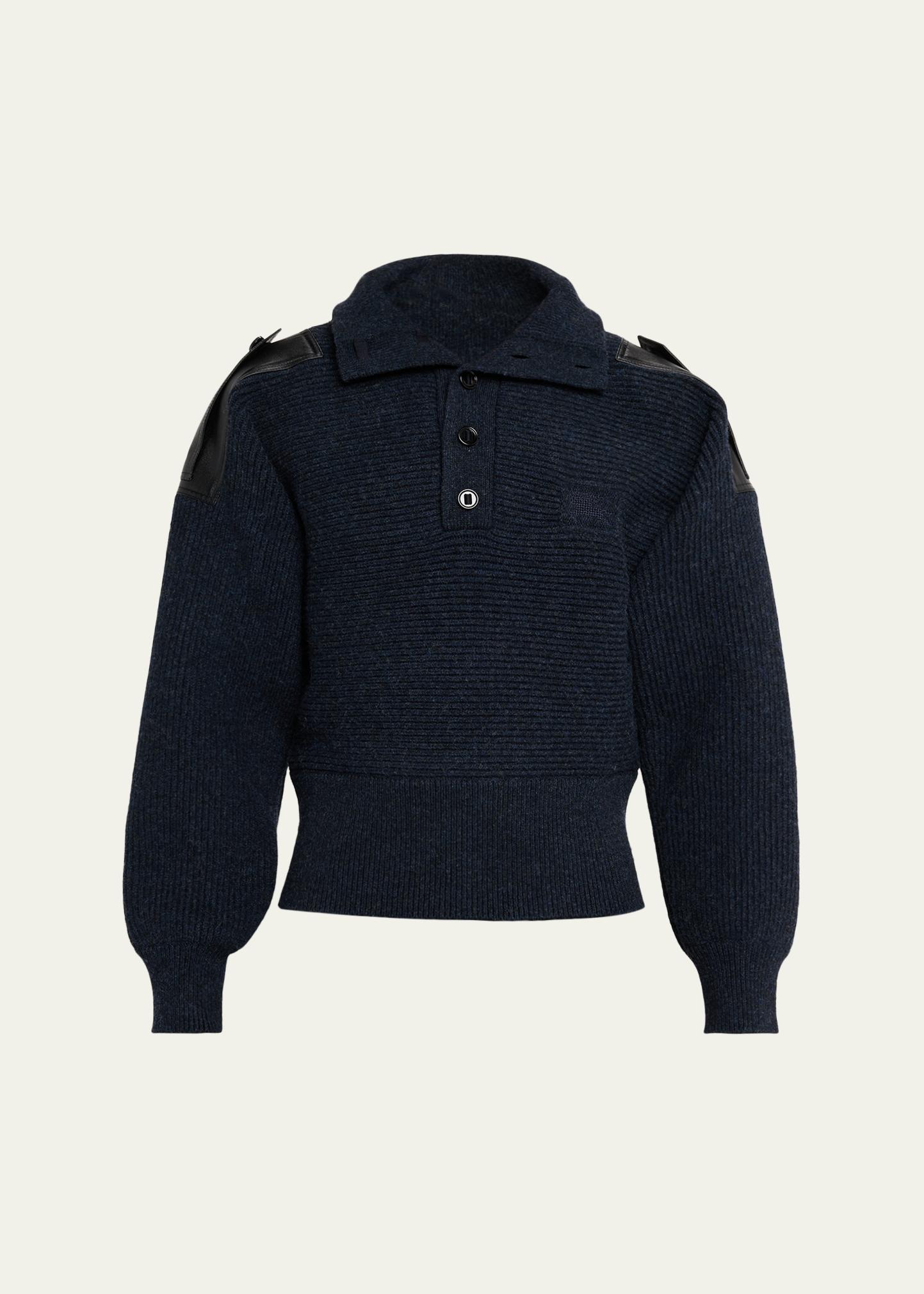 Burberry Men's Wool Half-Placket Leather-Epaulette Turtleneck Sweater