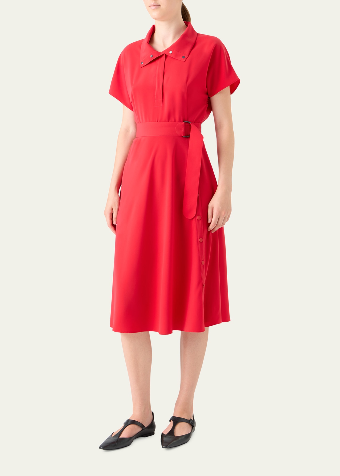 Akris punto Short-Sleeve Belted Snap-Slit Midi Shirtdress