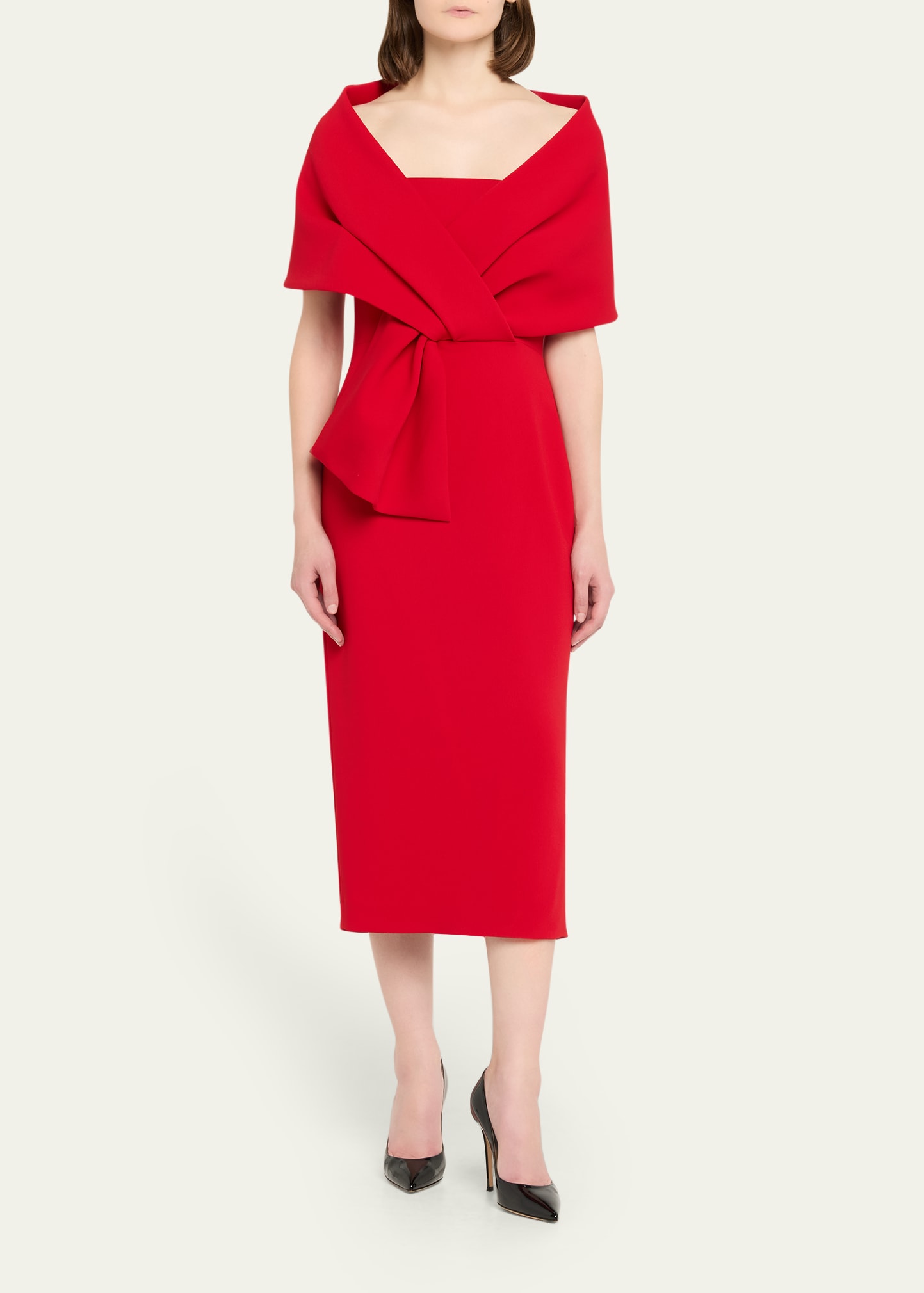Badgley Mischka Square-Neck Pleated Wrap Midi Dress - Bergdorf Goodman