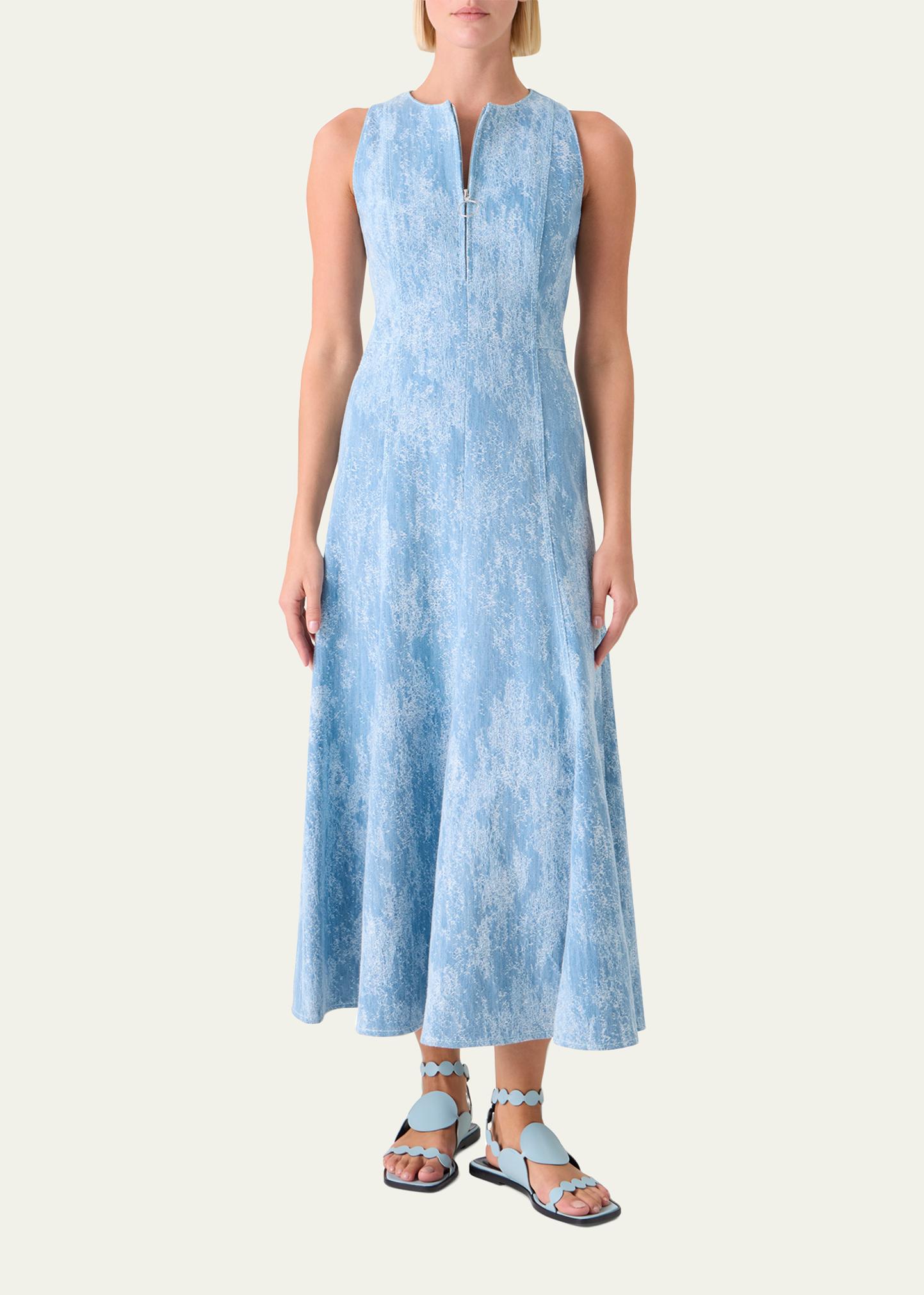 Akris punto Jacquard Denim Sleeveless Quarter-Zip Midi Dress