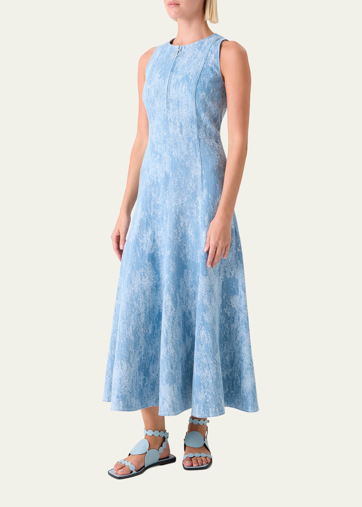 Akris punto Jacquard Denim Sleeveless Quarter-Zip Midi Dress